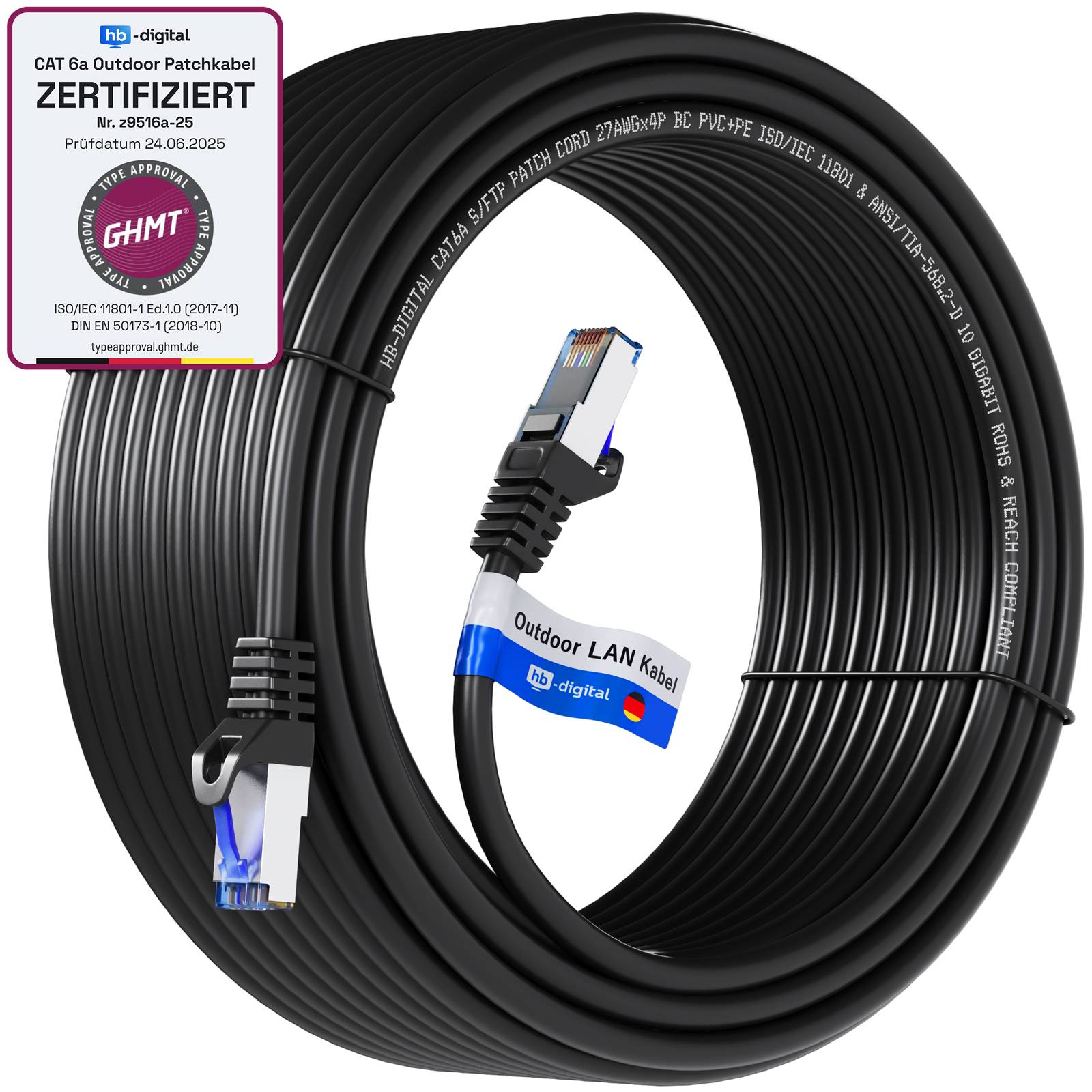 hb-digital Patch Kabel 30m CAT 6a für Außenbereich S/FTP PVC PE