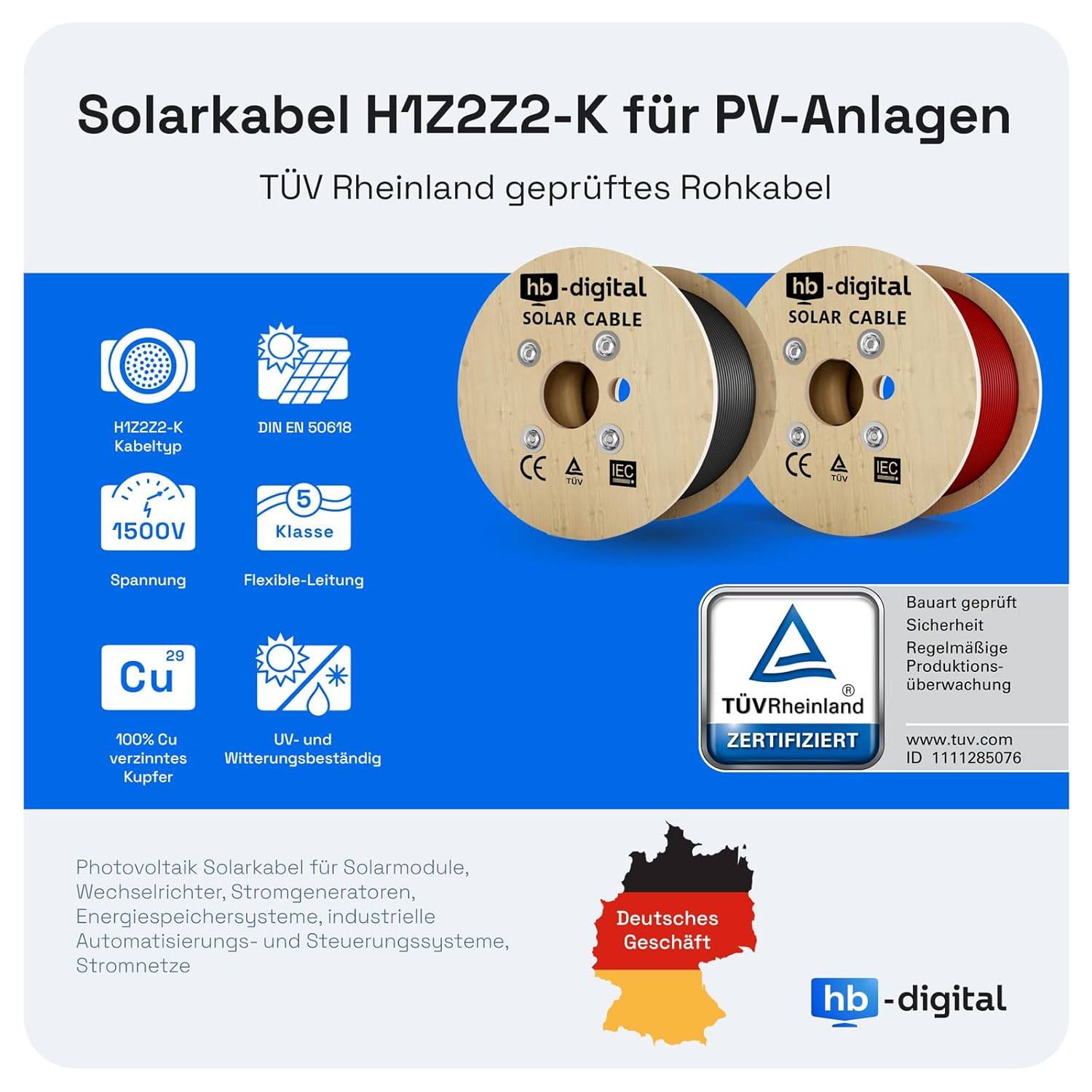 hb-digital 2x 30m Solar Verlängerungskabel 4mm² für PV Anlagen mit 1500V Solarstecker schwarz und rot