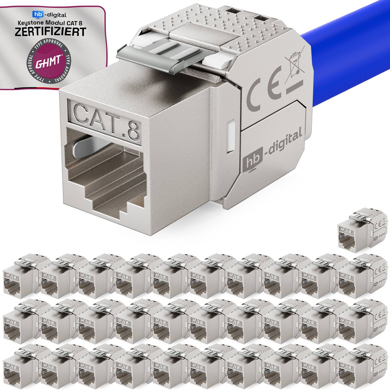 hb-digital CAT.8 zertifizierte Ethernet-Keystone-Buchse mit angeschlossenem blauem Kabel; Produkt groß dargestellt mit Zertifizierungsabzeichen und mehreren kleineren Ansichten darunter