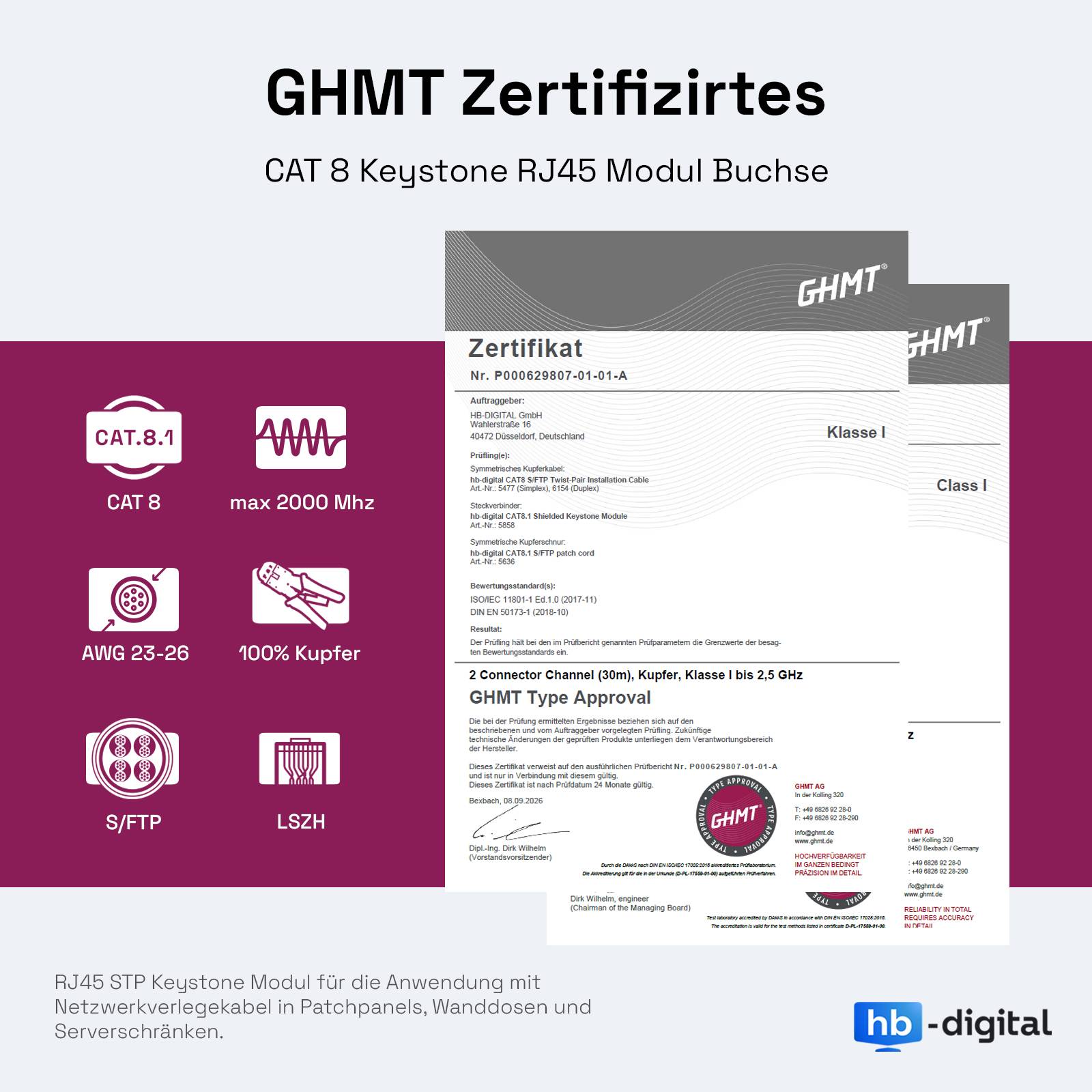 Werbe-Grafik für ein GHMT-zertifiziertes CAT 8 Keystone RJ45-Modul mit Zertifizierungsdokumenten und Symbolen für CAT 8.1, bis zu 2000 MHz, AWG 23-26, 100% Kupfer, S/FTP und LSZH.