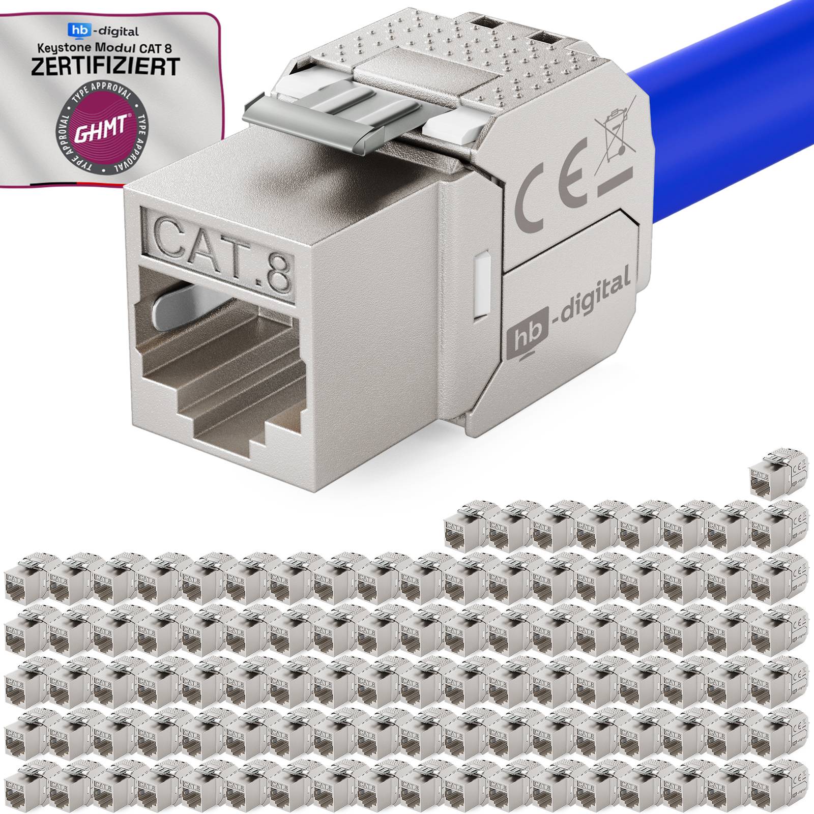 Nahaufnahme eines hb-digital CAT.8 Keystone-Modular-Netzwerksteckers, gekennzeichnet mit 