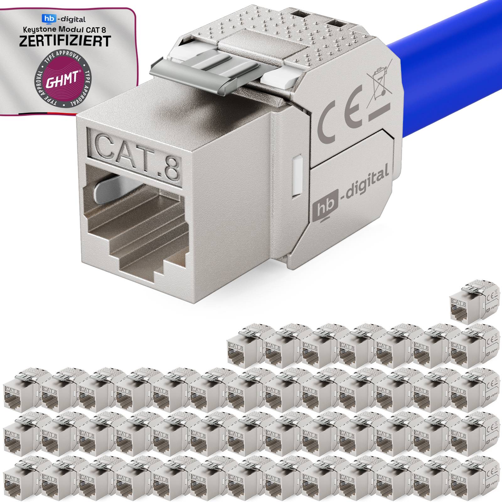 Produktbild eines metallischen HB-Digital CAT.8 Ethernet Keystone-Steckers, dargestellt mit Zertifizierungsabzeichen und mehreren kleinen Einheitsminiaturbildern darunter.