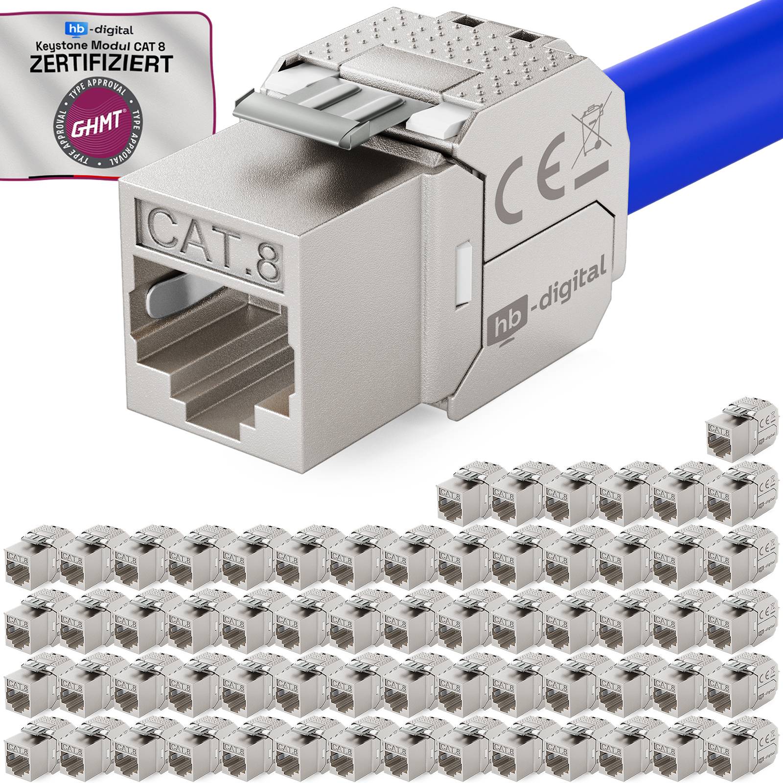 Nahaufnahme eines HB-Digital CAT.8 zertifizierten Ethernet Keystone-Moduls, dargestellt mit Zertifizierungsabzeichen und vielen identischen Konnektoren, die darunter angeordnet sind.