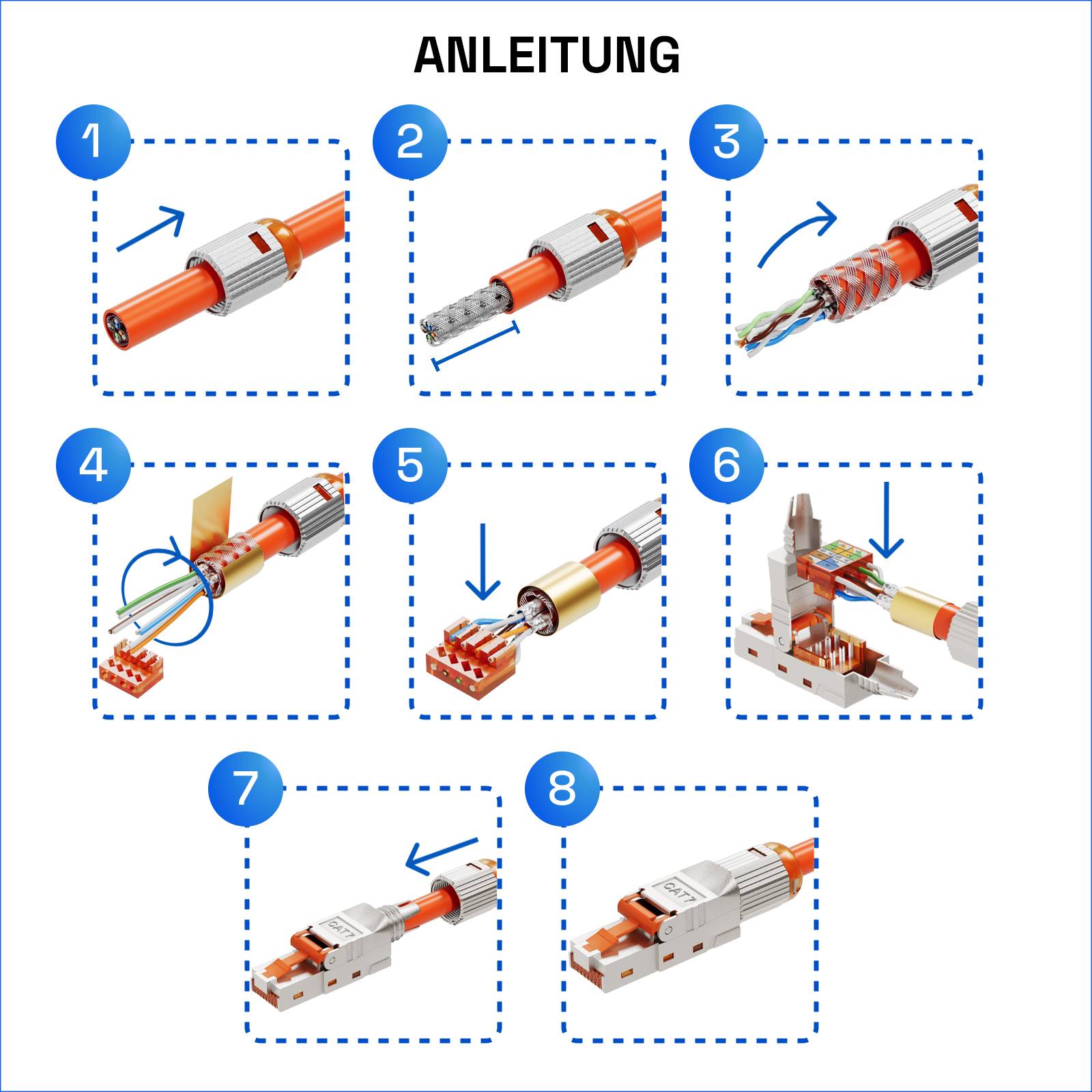 hb-digital 24x RJ45 Netzwerkstecker CAT 7 werkzeuglos LSA PoE
