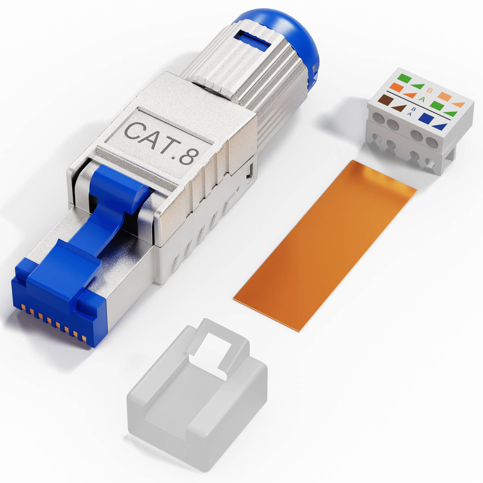 CAT.8 Ethernet-Kabelstecker mit blauem Stecker neben Verdrahtungsblock, orangefarbigem Kabelstreifen und grauem Clip auf weißem Hintergrund.