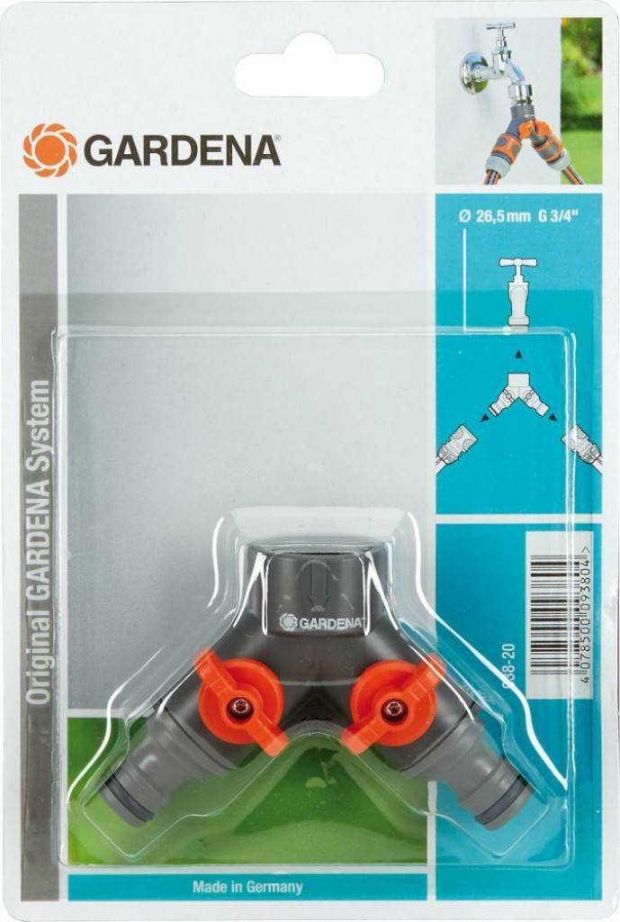 2-Wege-VentilZum Betrieb von 2 Anschlussgeräten2 stufenlos regulierbare AusgängeAusführung für 21,0 mm G 1/2-Wasserhahn mit 26,5 mm G 3/4-Gewinde