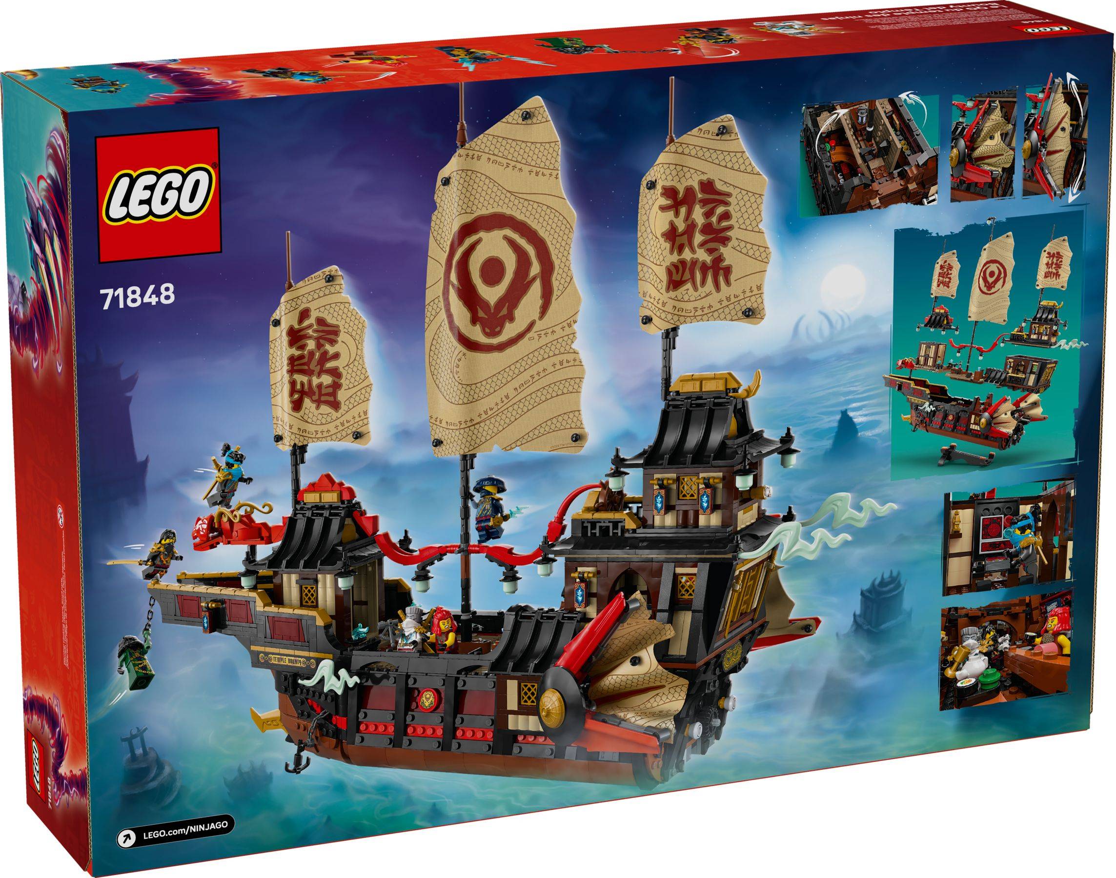 LEGO NINJAGO 71848 Schachtelkunstwerk zeigt ein Piratenschiff-Spielset mit Segeln, Minifiguren und Actionszenen auf blauem Hintergrund.