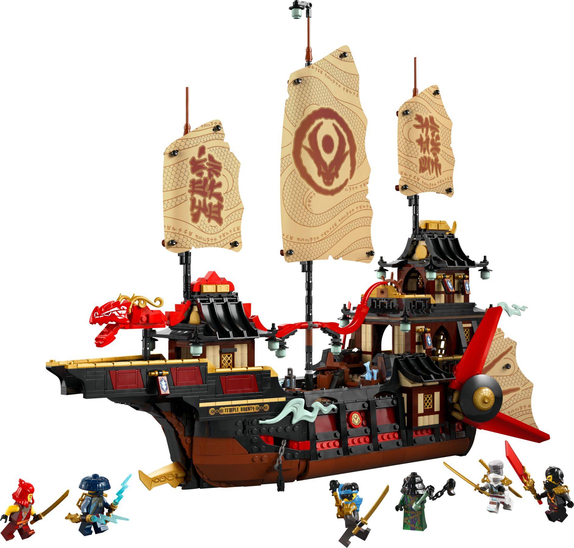 LEGO-artiges Piraten-Schiff-Spielset mit beigen Segeln, rotem Drachenbug und mehreren Minifiguren, die rundherum auf weißem Hintergrund angezeigt werden.