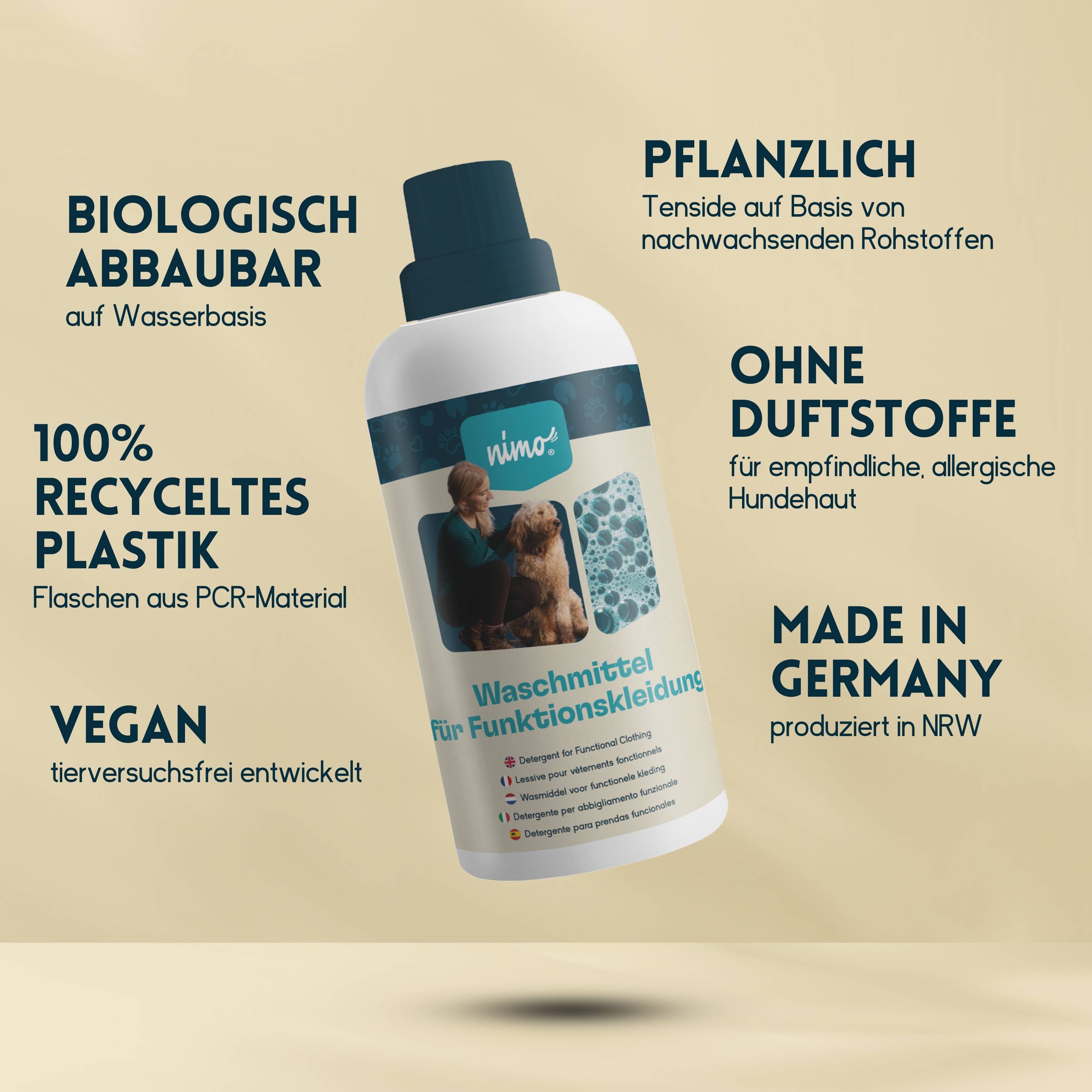 nimo Waschmittel für Funktionskleidung - reinigt zuverlässig ohne Duftstoffe & Farbstoffe