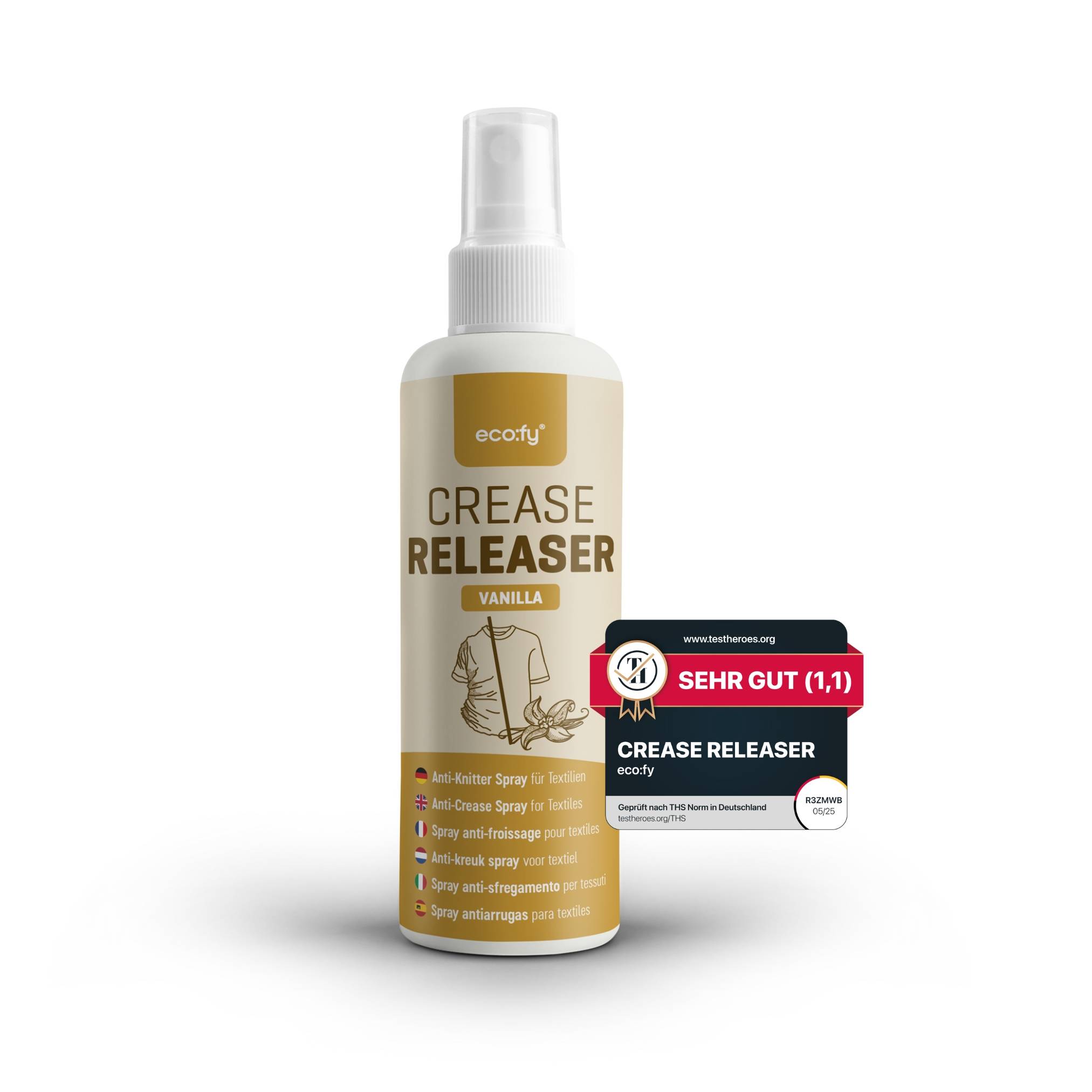 eco:fy Antifaltenspray Kleidung Vanille, Faltenglatt Spray ohne Bügeln, Textilerfrischer, Bügelhilfe, Bügelspray ohne Bügeln, ideal für Reisen (1