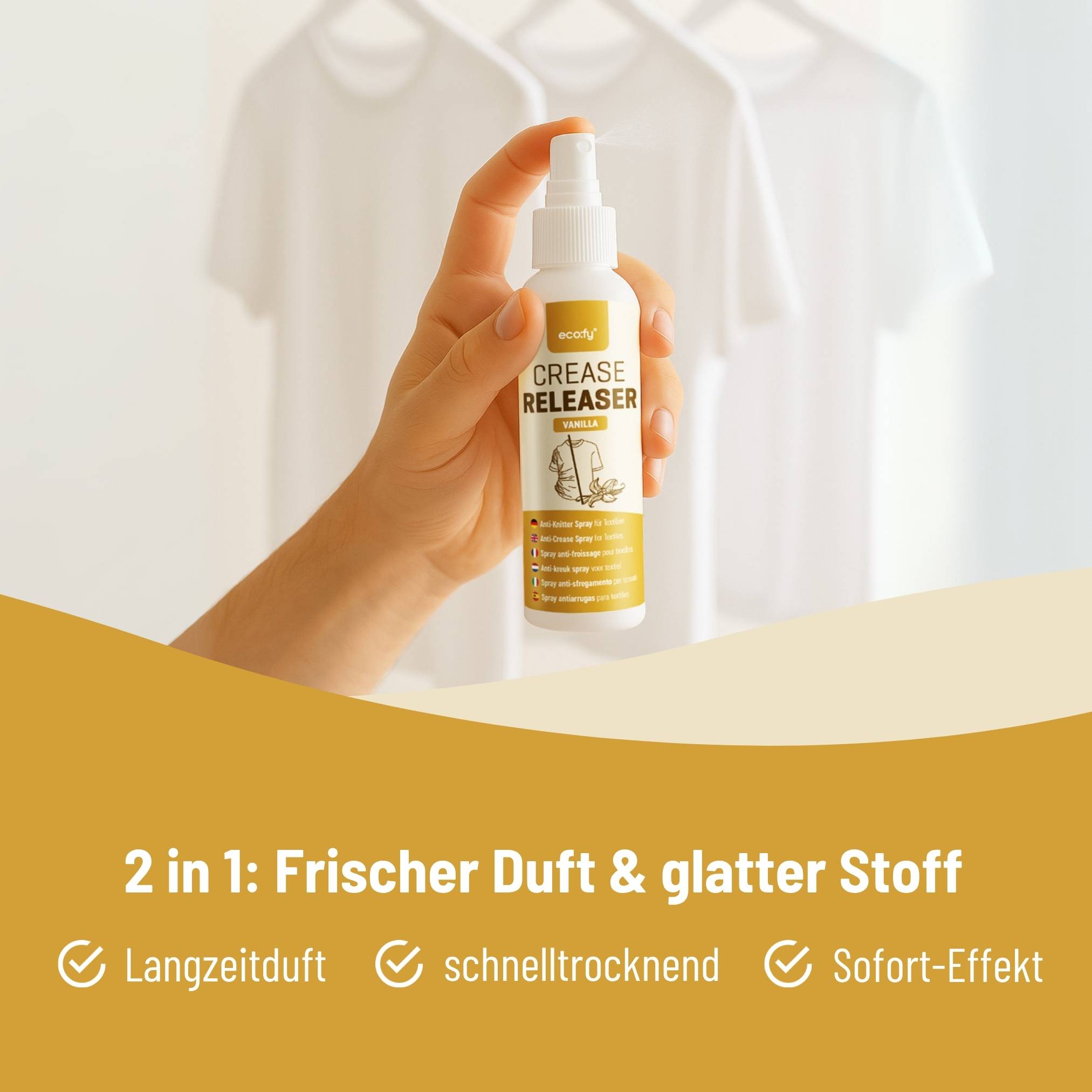 eco:fy Anti-Knitter Spray - faltenfrei ohne Bügeln, frischer Duft Kokosnuss