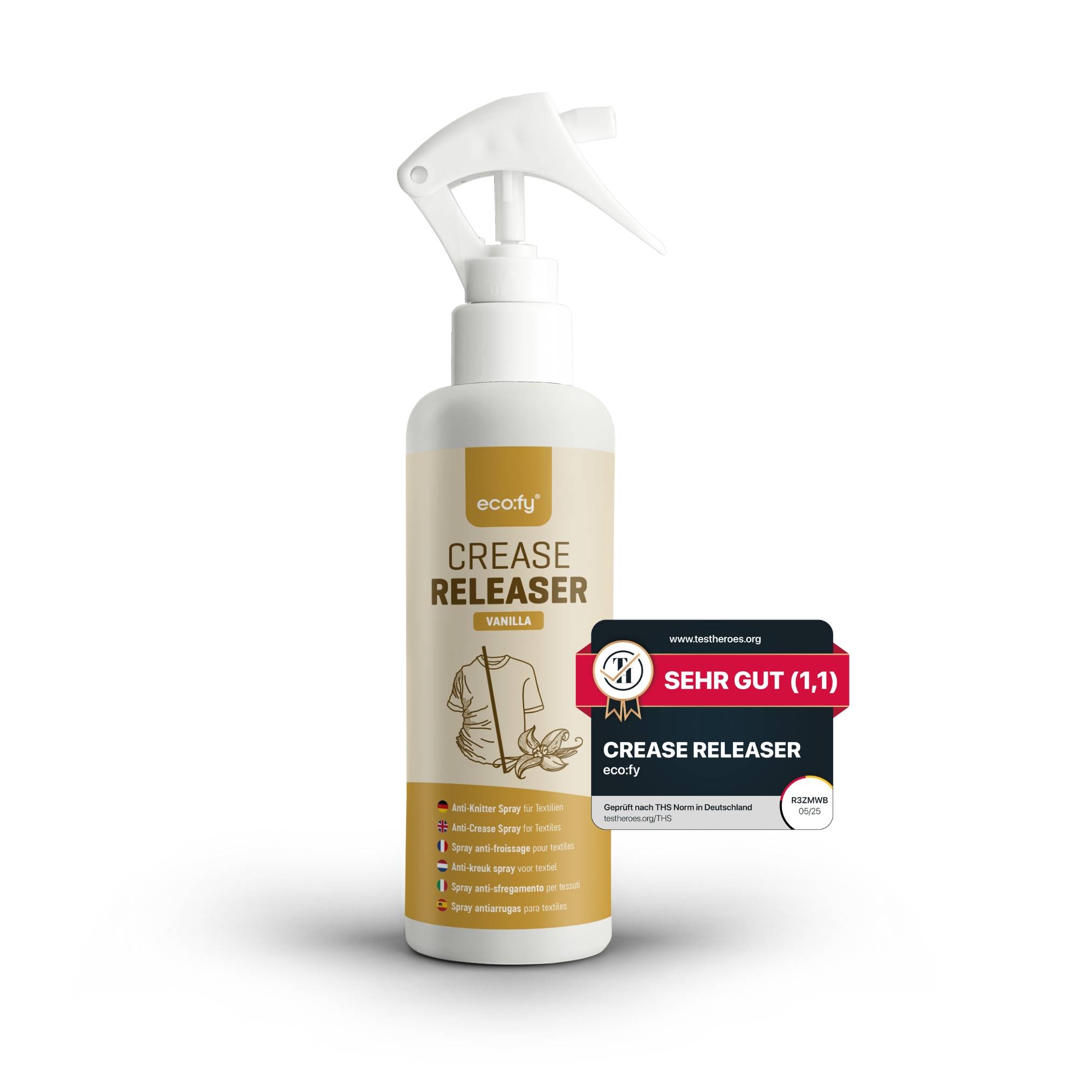eco:fy Antifaltenspray Kleidung Vanille, Faltenglatt Spray ohne Bügeln, Textilerfrischer, Bügelhilfe, Bügelspray ohne Bügeln, ideal für Reisen (2