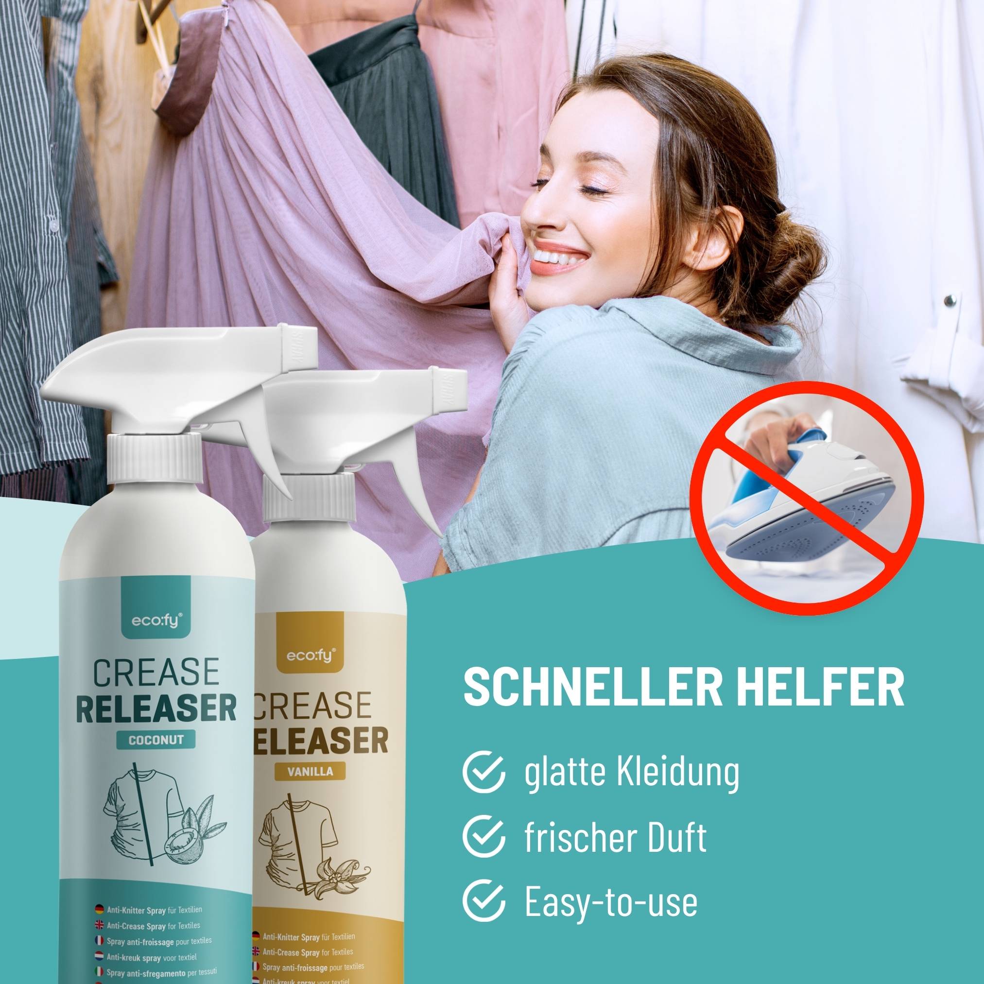 eco:fy Antifaltenspray Kleidung Vanille, Faltenglatt Spray ohne Bügeln, Textilerfrischer, Bügelhilfe, Bügelspray ohne Bügeln, ideal für Reisen (2
