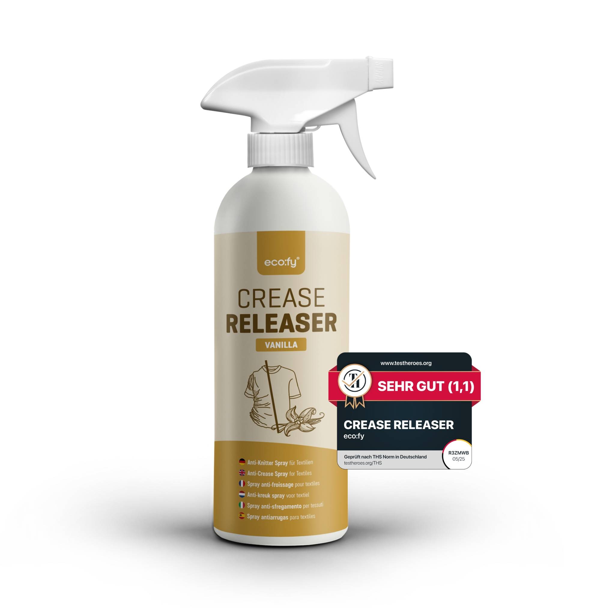 eco:fy Antifaltenspray Kleidung Vanille, Faltenglatt Spray ohne Bügeln, Textilerfrischer, Bügelhilfe, Bügelspray ohne Bügeln, ideal für Reisen (5