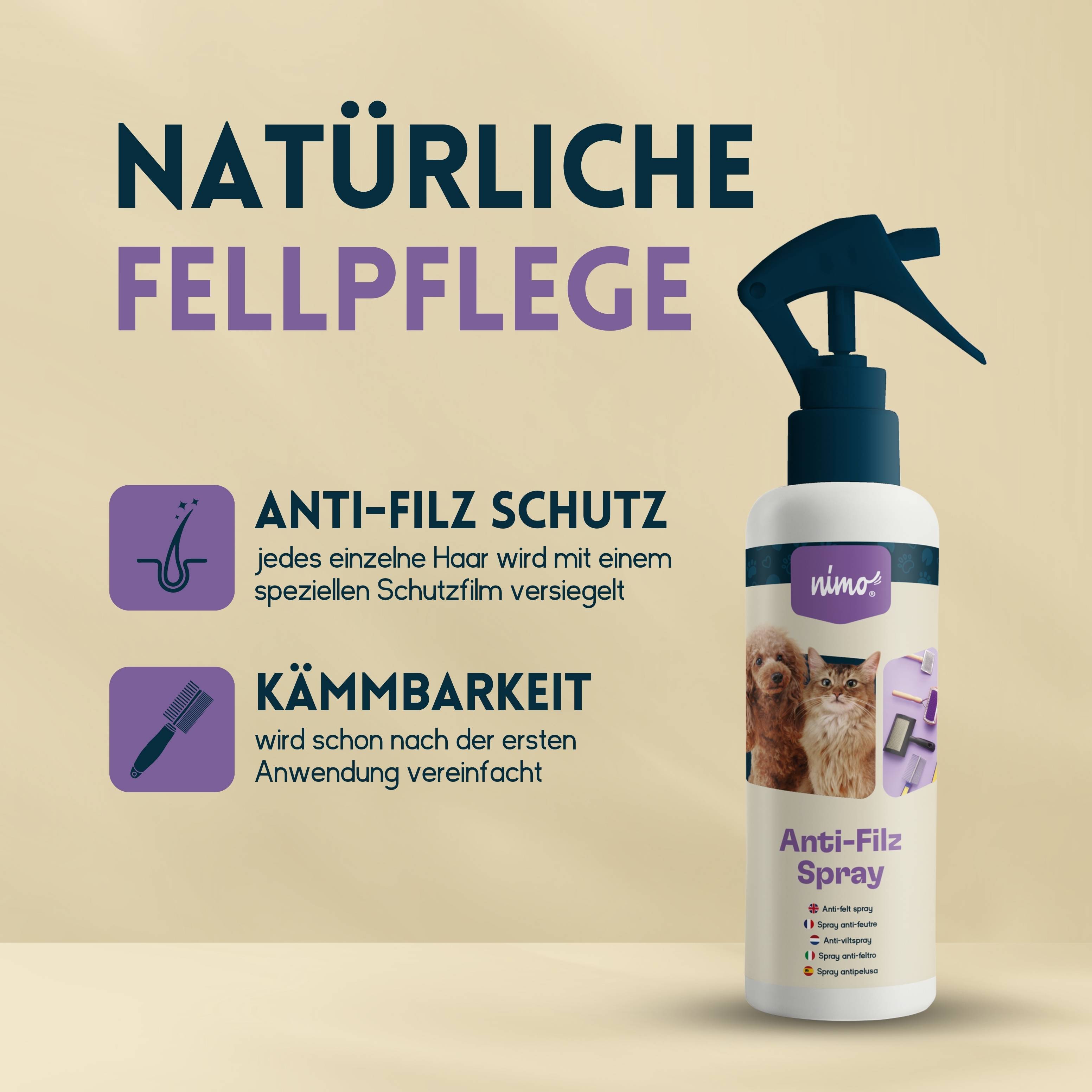 nimo Anti Filz Spray für Hunde, Katzen - löst verfilztes Fell und erleichtert Kämmbarkeit