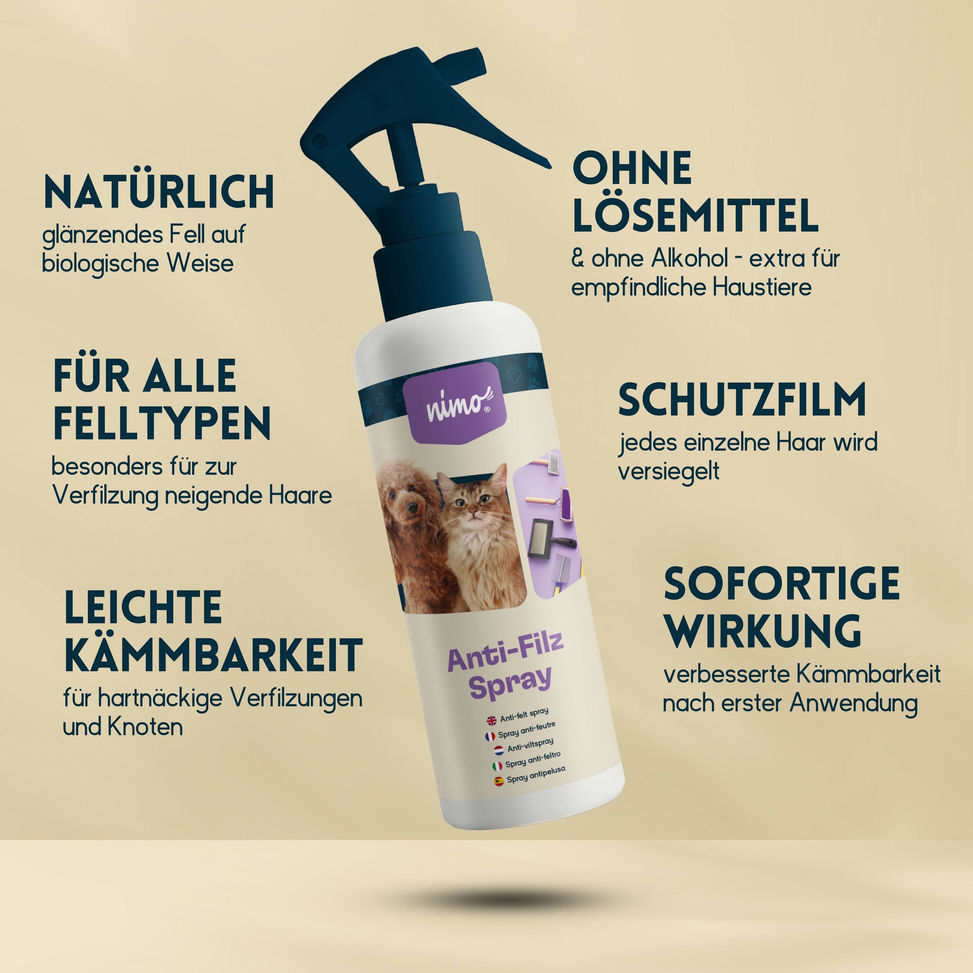 nimo Anti Filz Spray für Hunde, Katzen - löst verfilztes Fell und erleichtert Kämmbarkeit