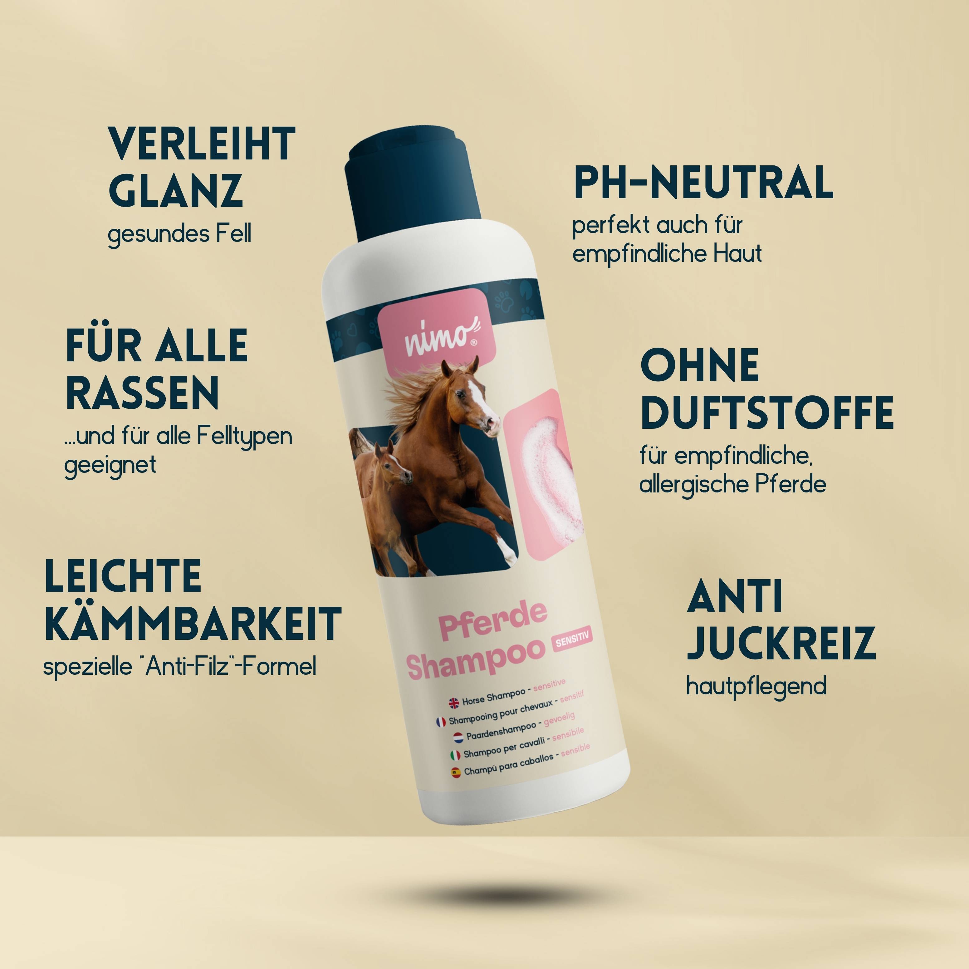 nimo Pferde Shampoo sensitiv - ohne Duftstoffe & pH-Neutral für alle Rassen
