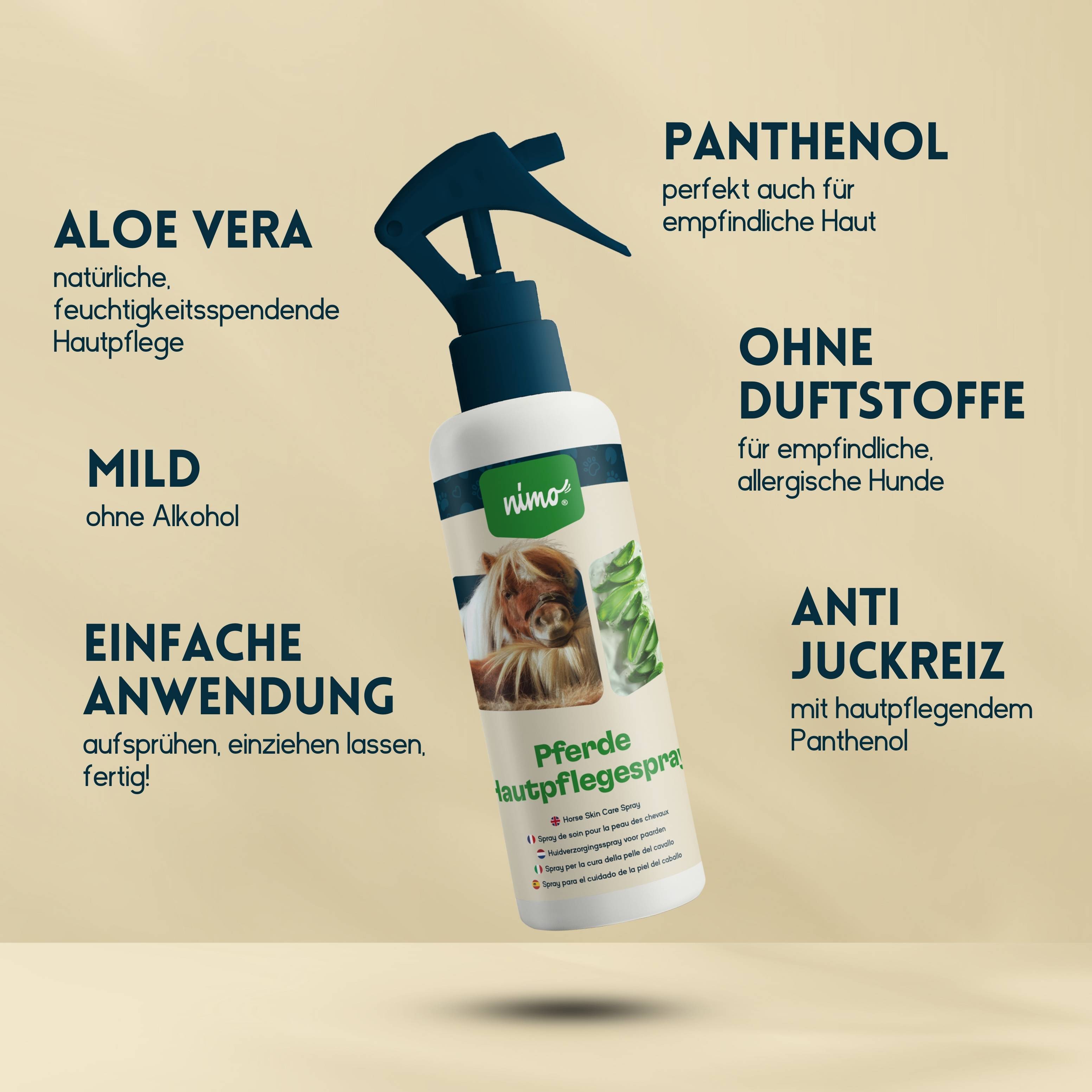 nimo Pferde Hautpflegespray - mit Aloe Vera & Panthenol gegen Juckreiz und gereizte Haut