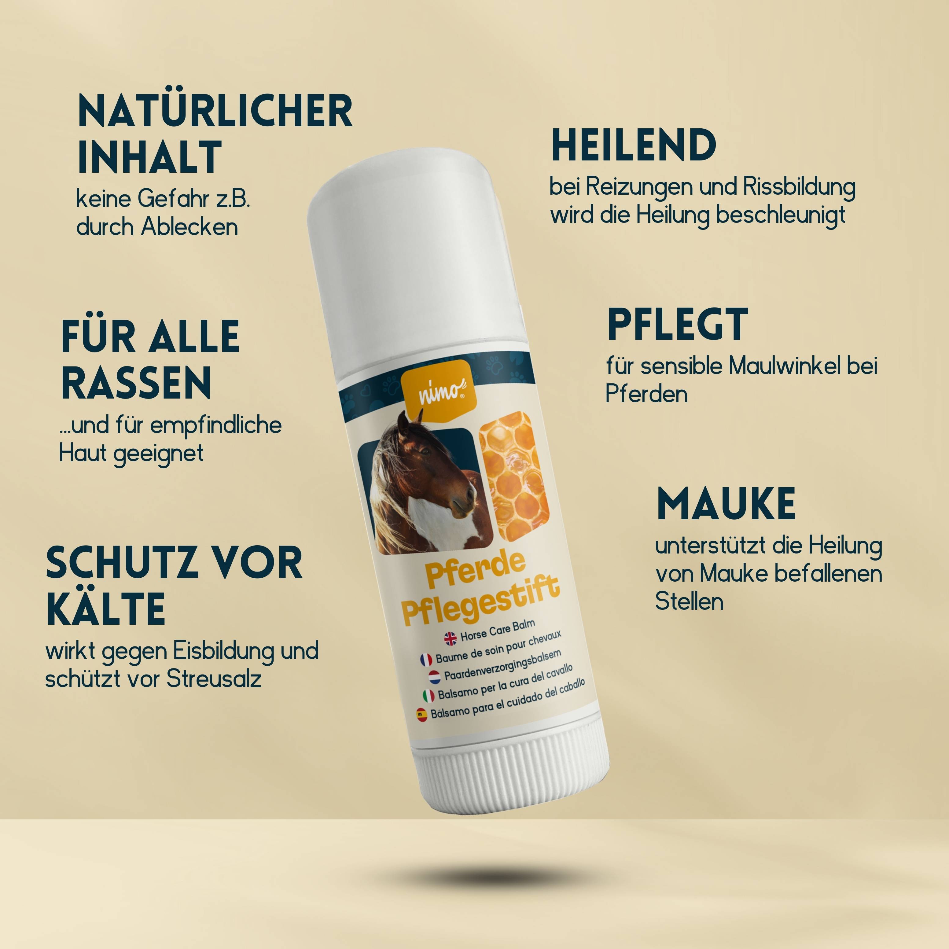 nimo Pferde Pflegestift - mit Bienenwachs & Propolis gegen gereizte und trockene Stellen