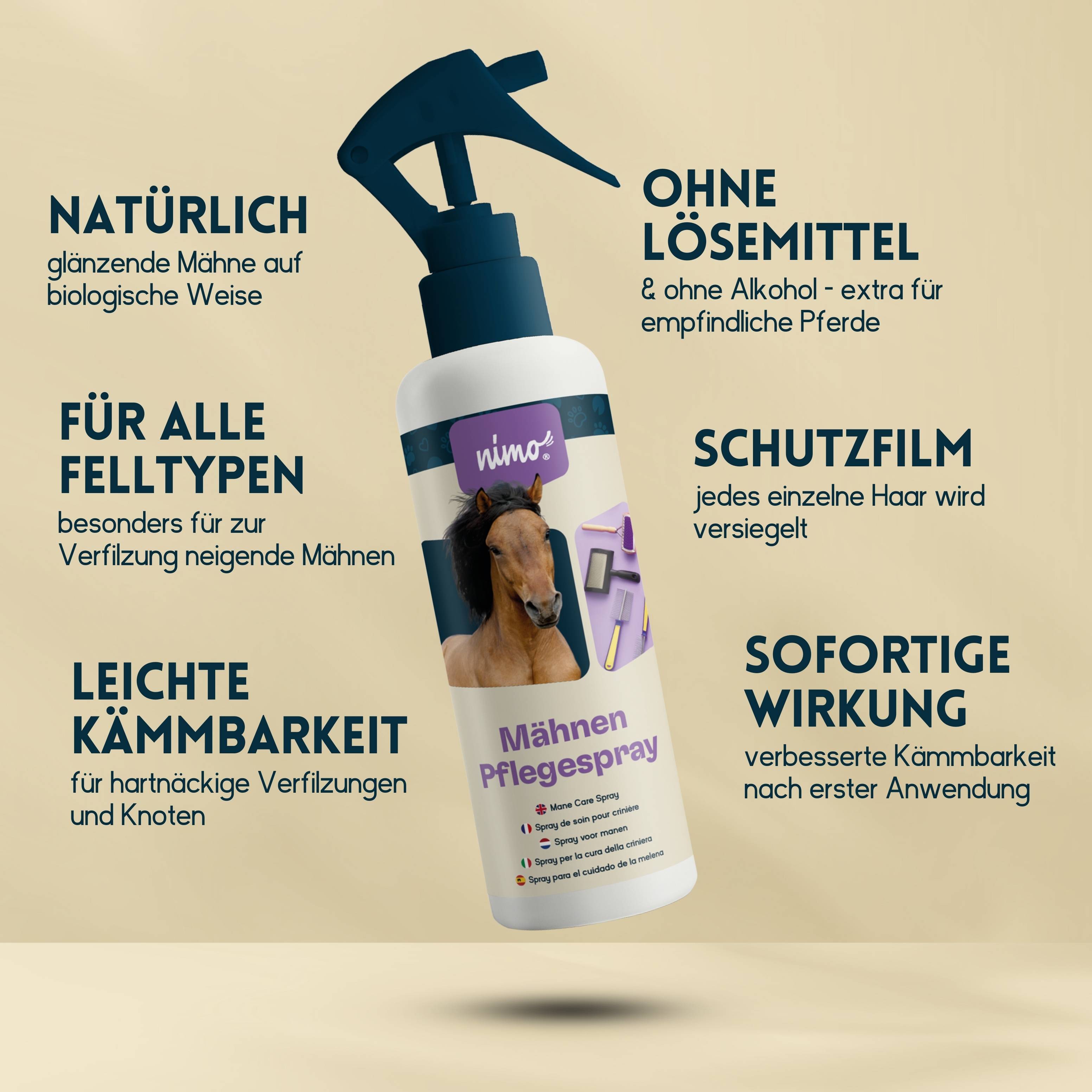 nimo Mähnen Pflegespray - für leichtere Kämmbarkeit, Entwirrung & glänzende Mähne, Schweif