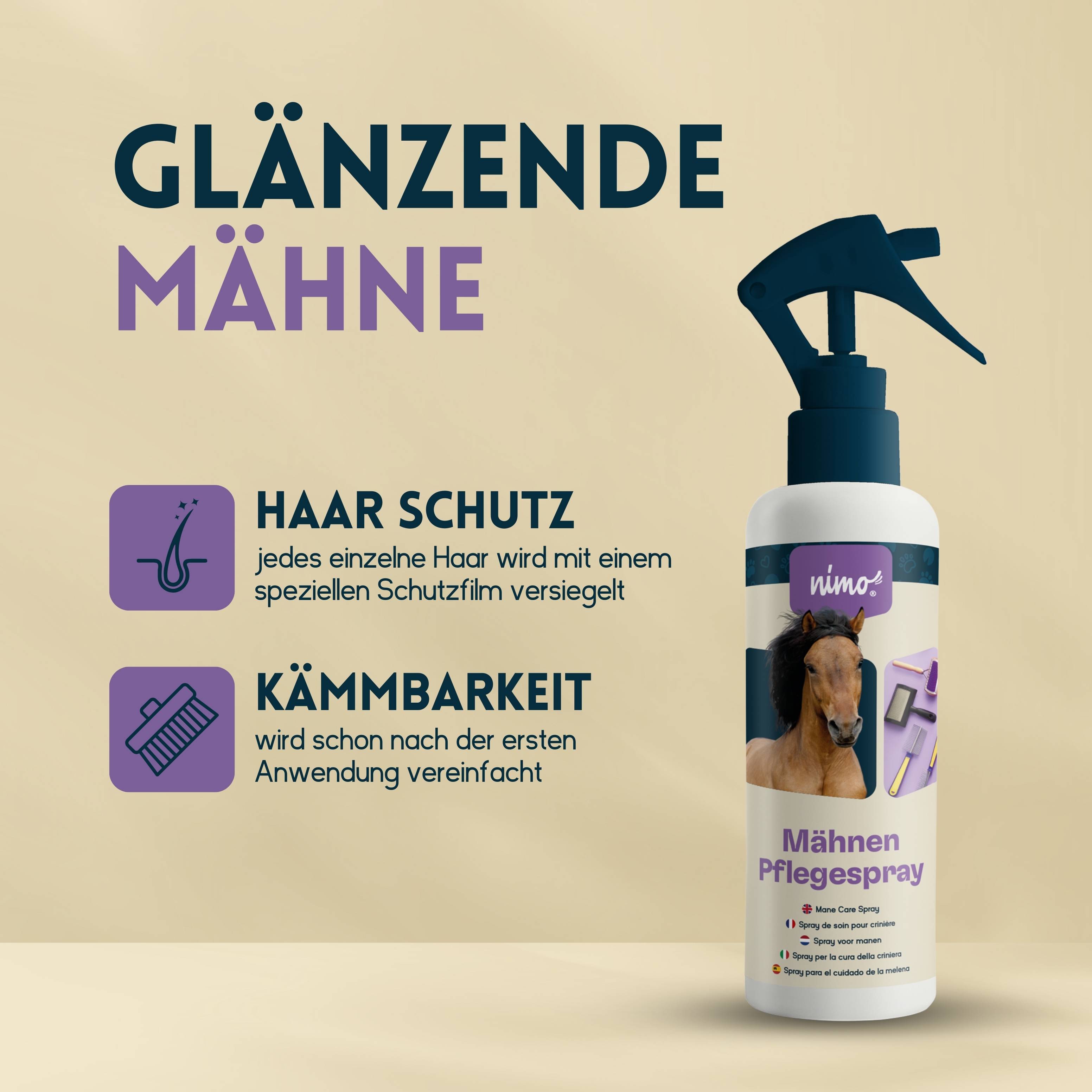 nimo Mähnen Pflegespray - für leichtere Kämmbarkeit, Entwirrung & glänzende Mähne, Schweif