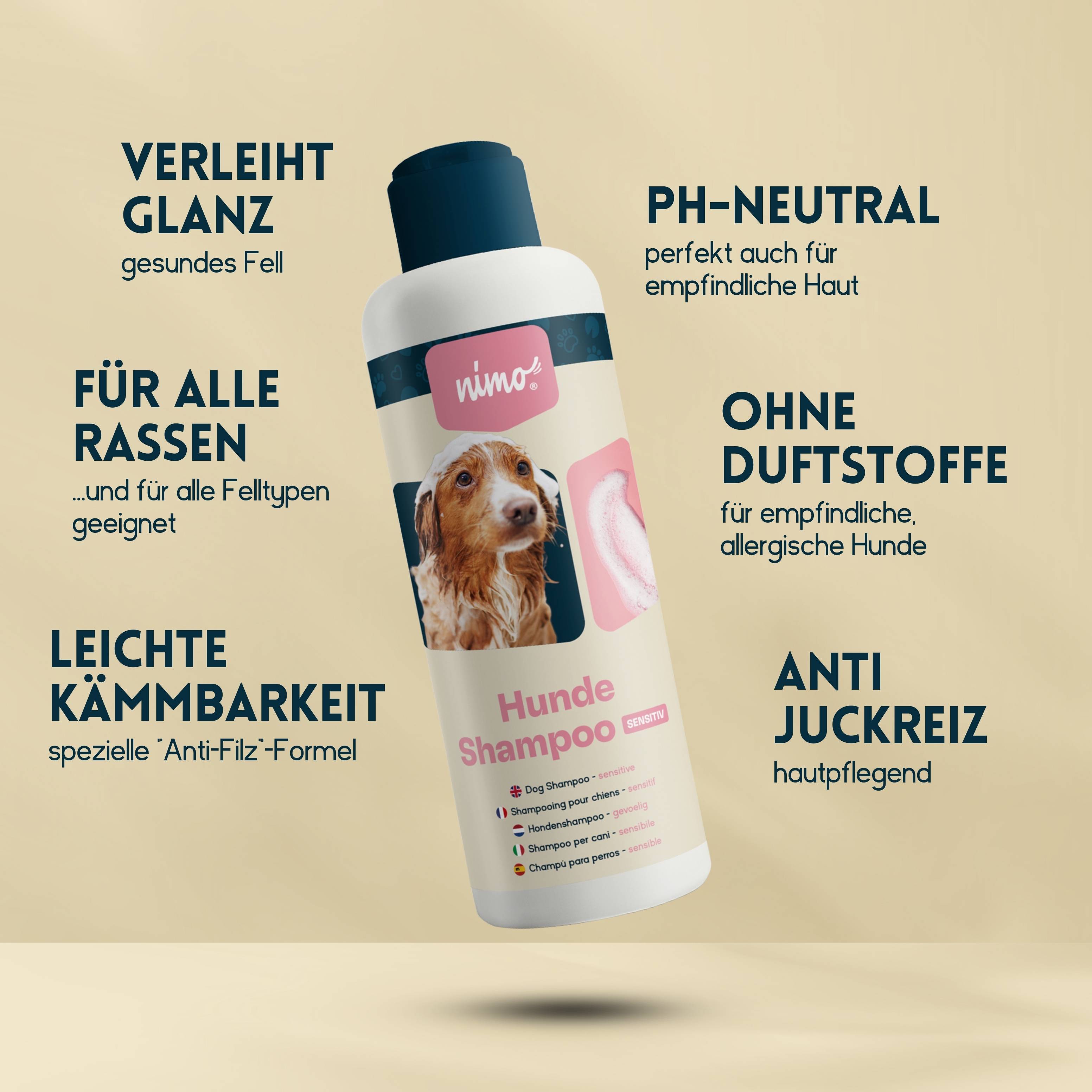 nimo Hunde Shampoo sensitiv - ohne Duftstoffe & pH-Neutral für alle Rassen