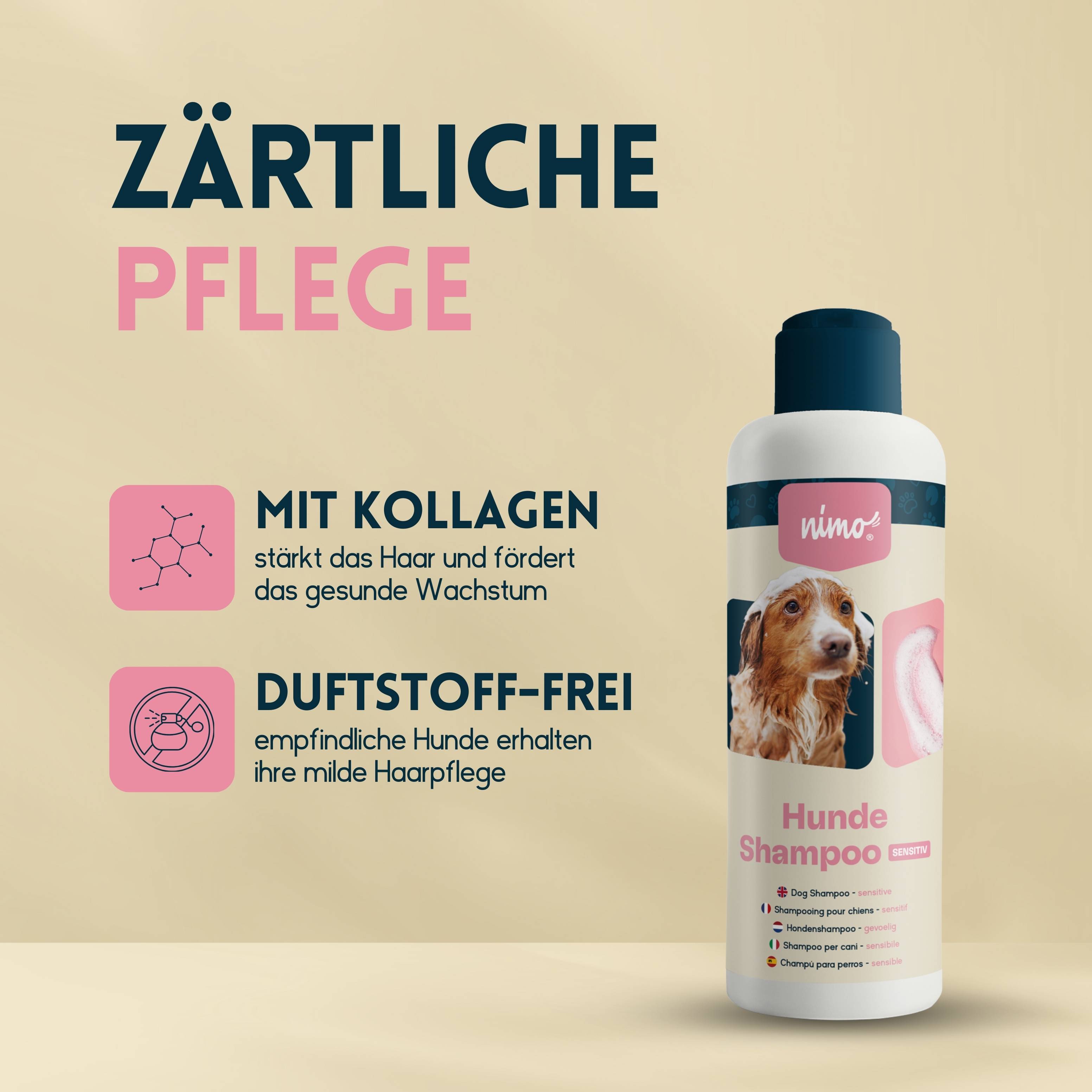 nimo Hunde Shampoo sensitiv - ohne Duftstoffe & pH-Neutral für alle Rassen