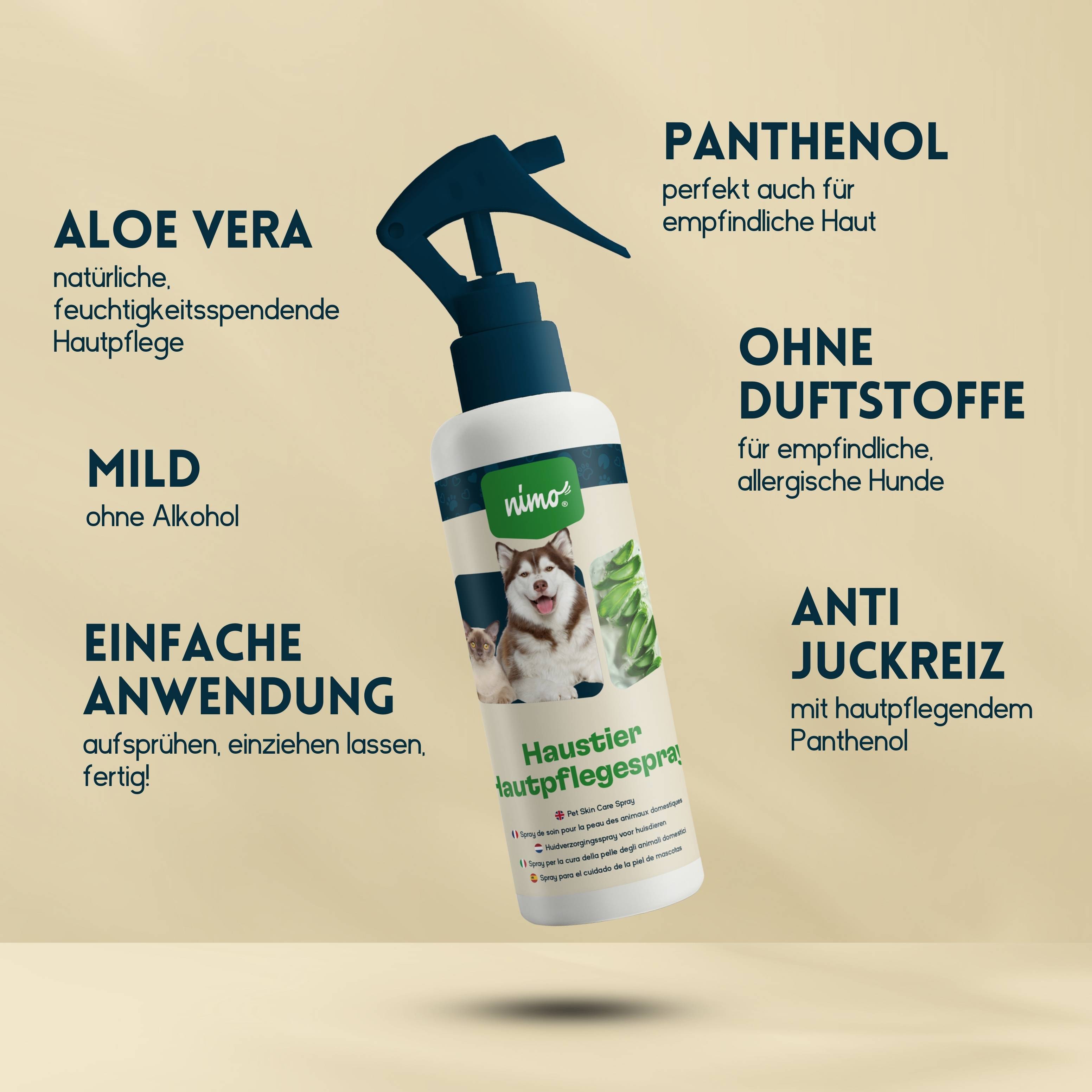 nimo Haustier Hautpflegespray - mit Aloe Vera & Panthenol gegen Juckreiz und gereizte Haut