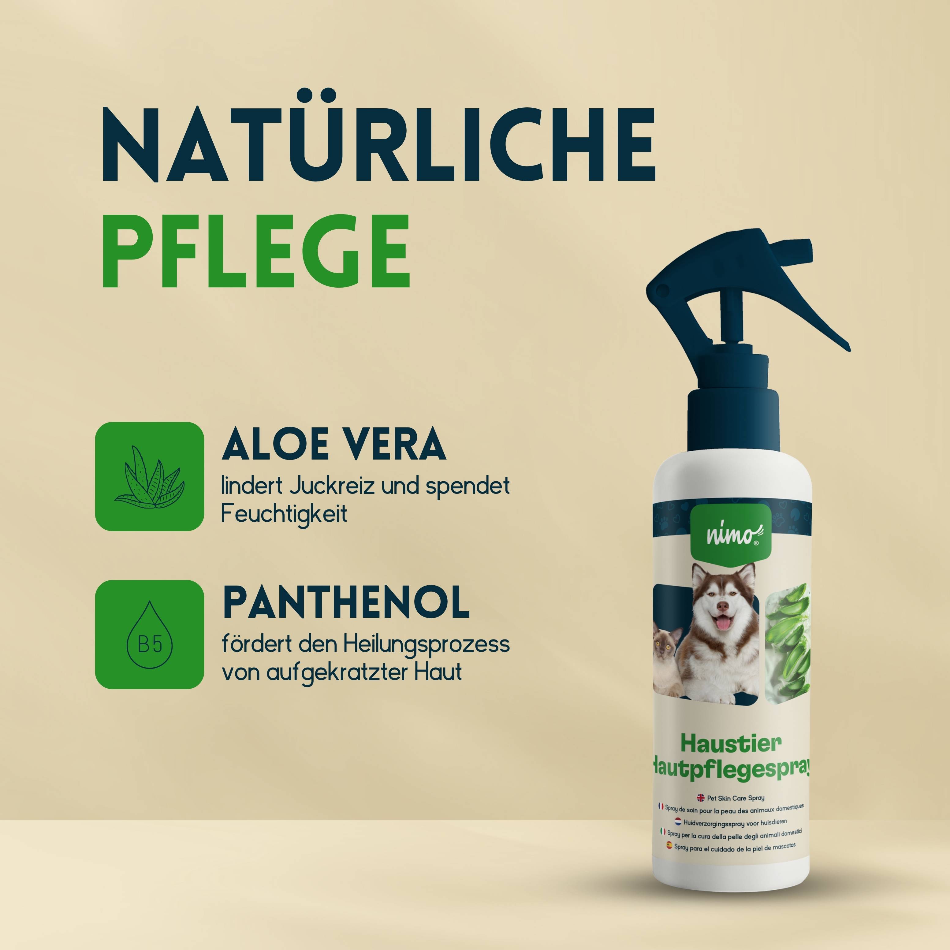 nimo Haustier Hautpflegespray - mit Aloe Vera & Panthenol gegen Juckreiz und gereizte Haut