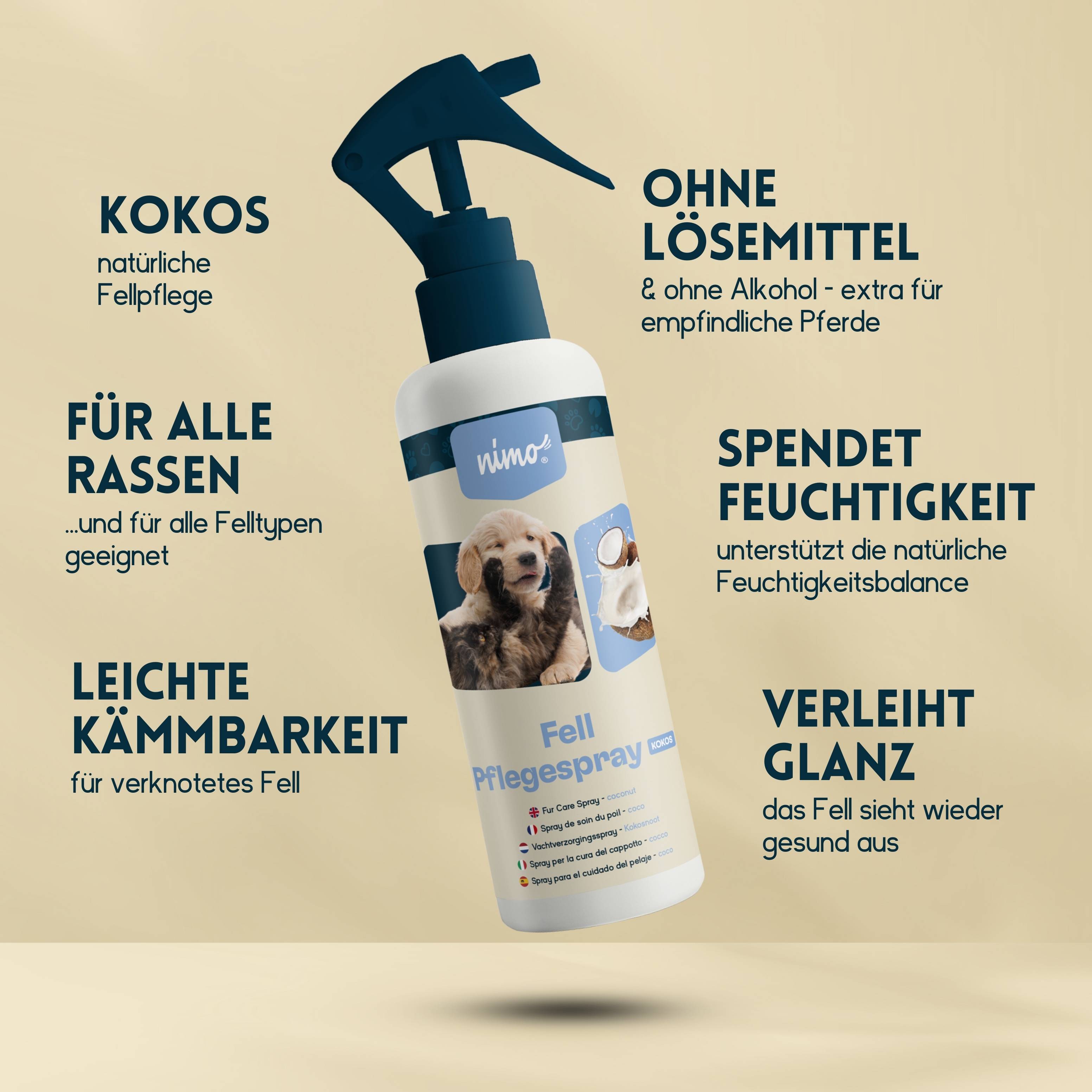 nimo Fell Pflegespray Kokos für Hunde & Katzen - verleiht dem Fell Glanz und pflegt es
