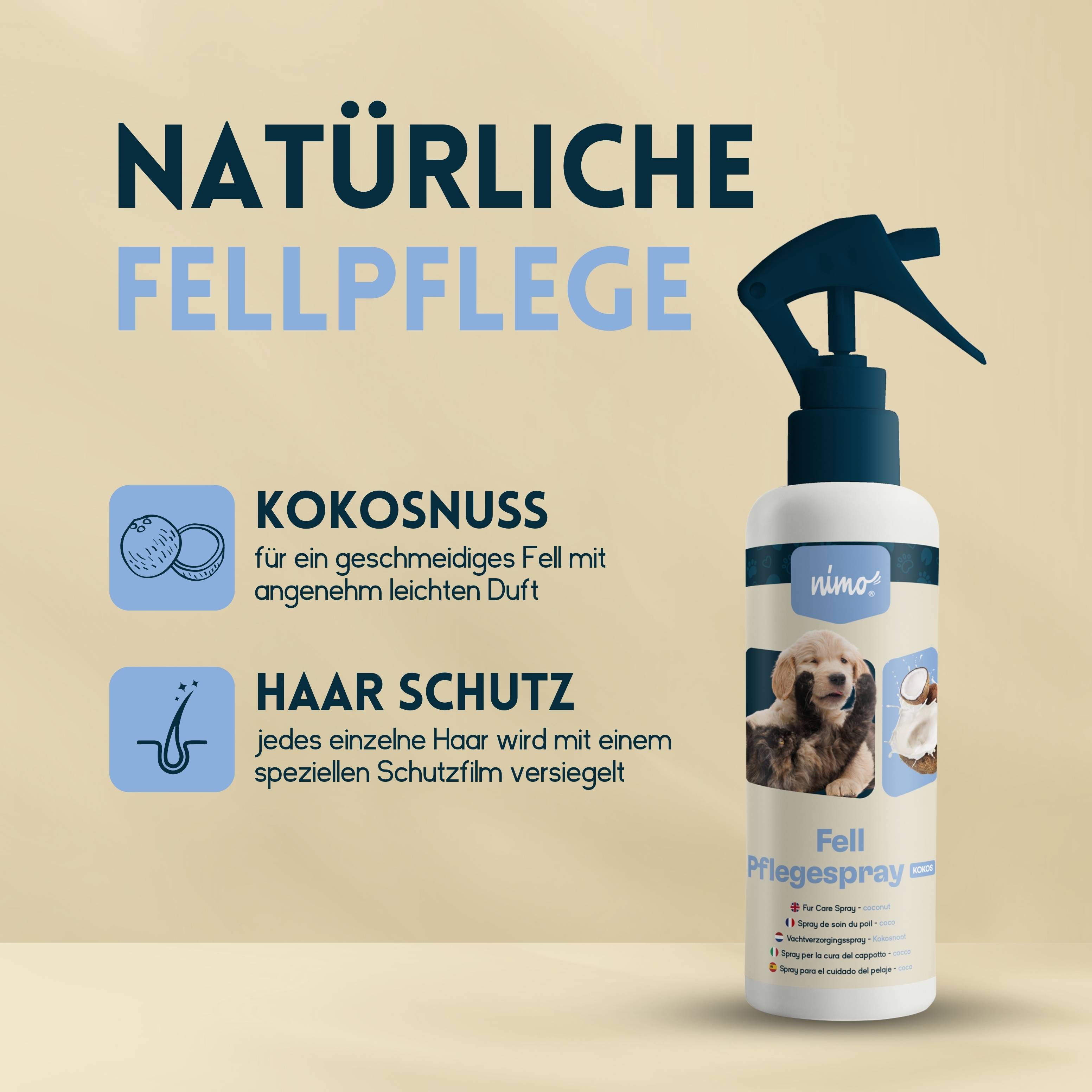 nimo Fell Pflegespray Kokos für Hunde & Katzen - verleiht dem Fell Glanz und pflegt es