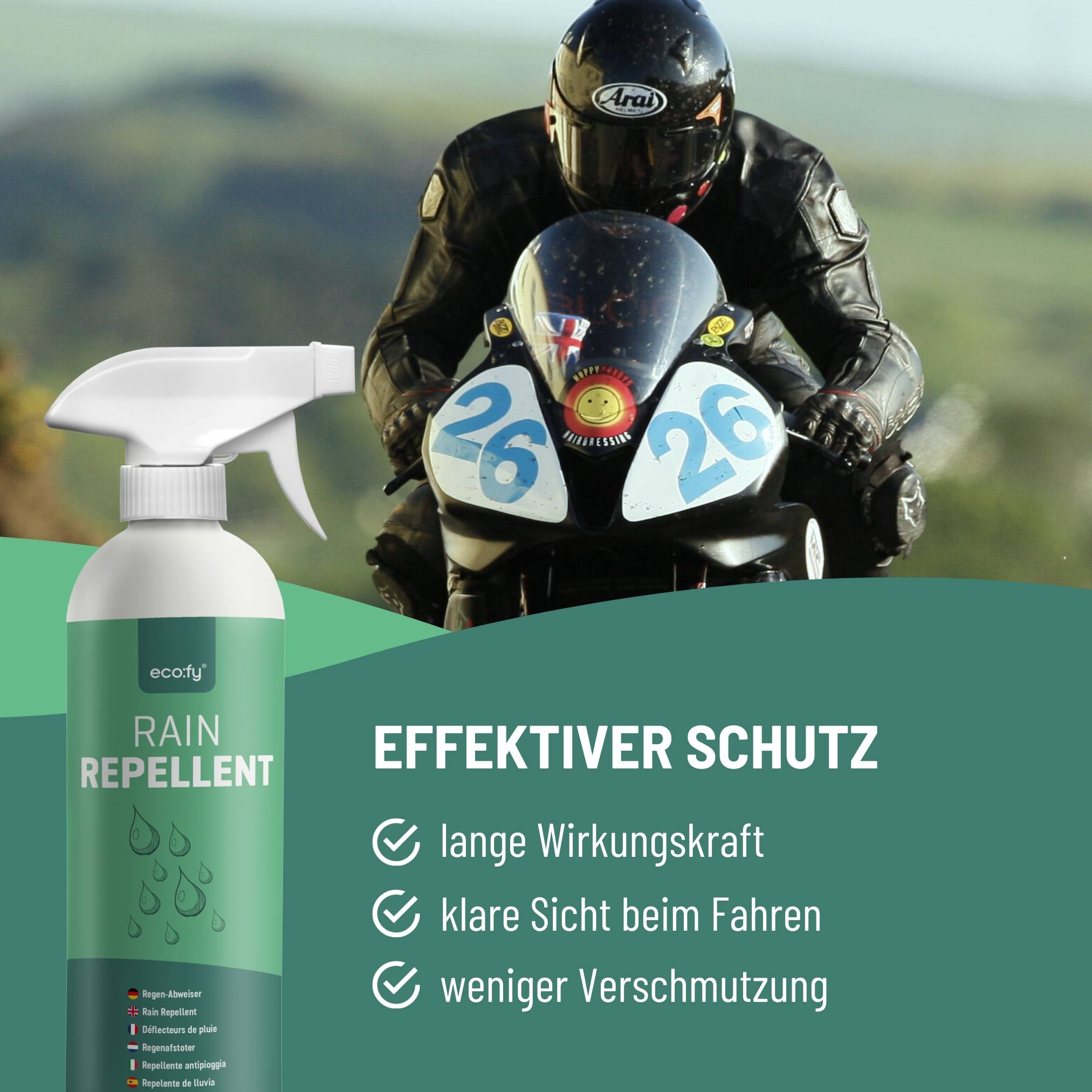 eco:fy Regen-Abweiser - Abperleffekt für Scheiben, Helmvisiere etc.