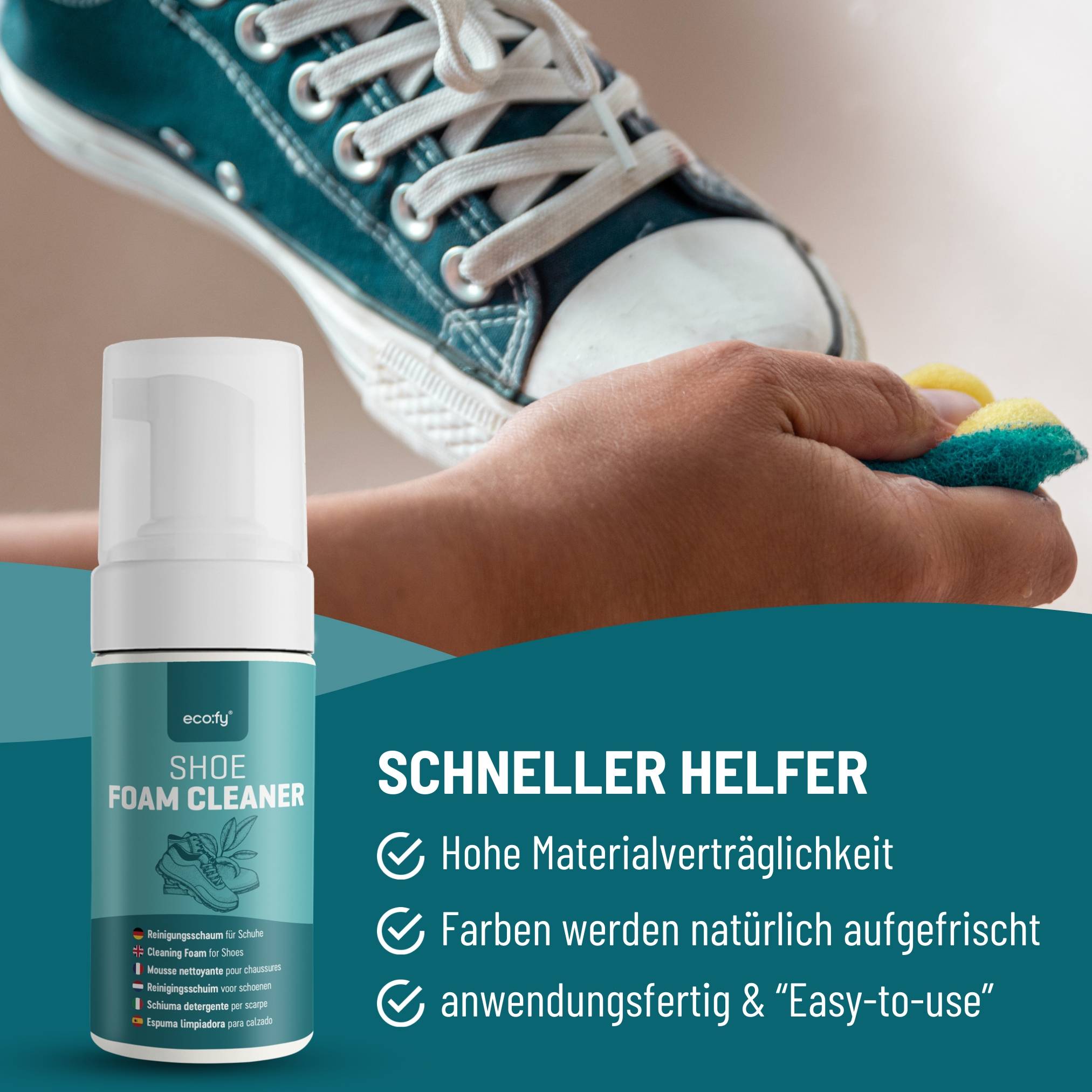eco:fy Schuh-Reinigungsschaum - Reiniger für Stoff, Leder, Mischgewebe, Membran