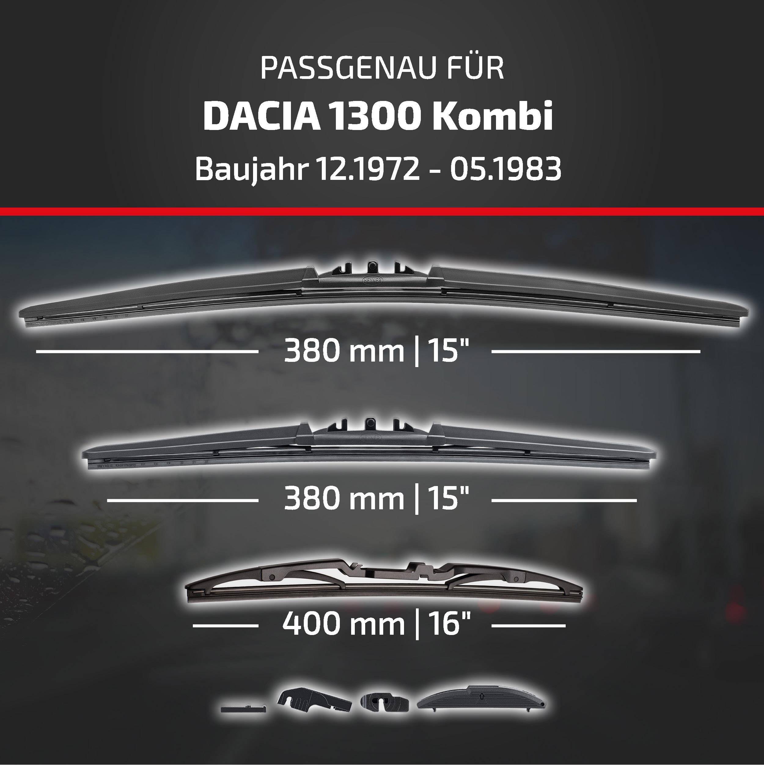 Kompatibilitätsgrafik für Dacia 1300 Kombi (12.1972–05.1983) mit drei Scheibenwischer-Blatt-Optionen: 380 mm, 380 mm und 400 mm.