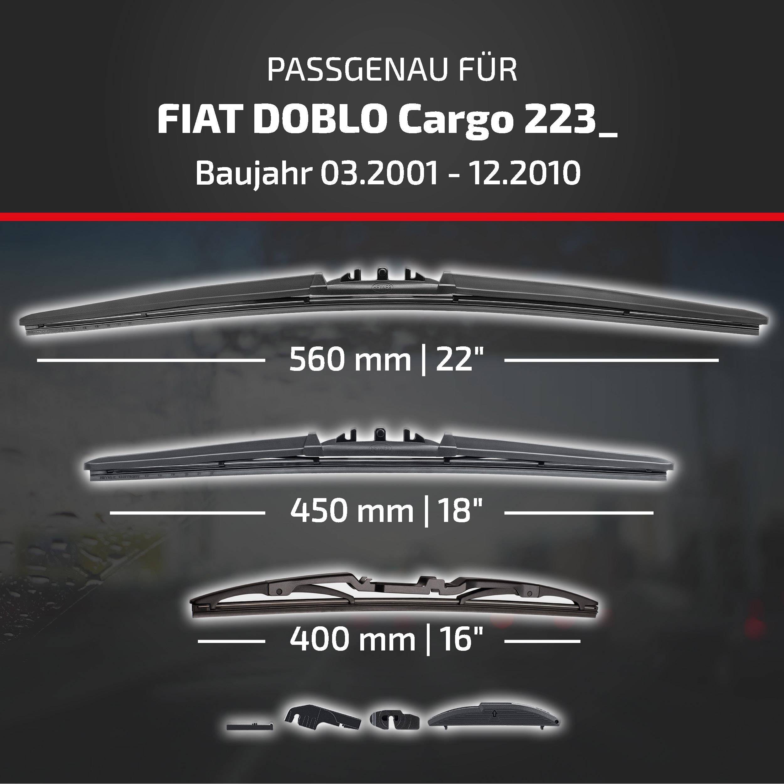 Passt auf Fiat Doblo Cargo 223, Modelljahre 03/2001-12/2010; zeigt drei Wischblattkombinationen: 560 mm, 450 mm und 400 mm.