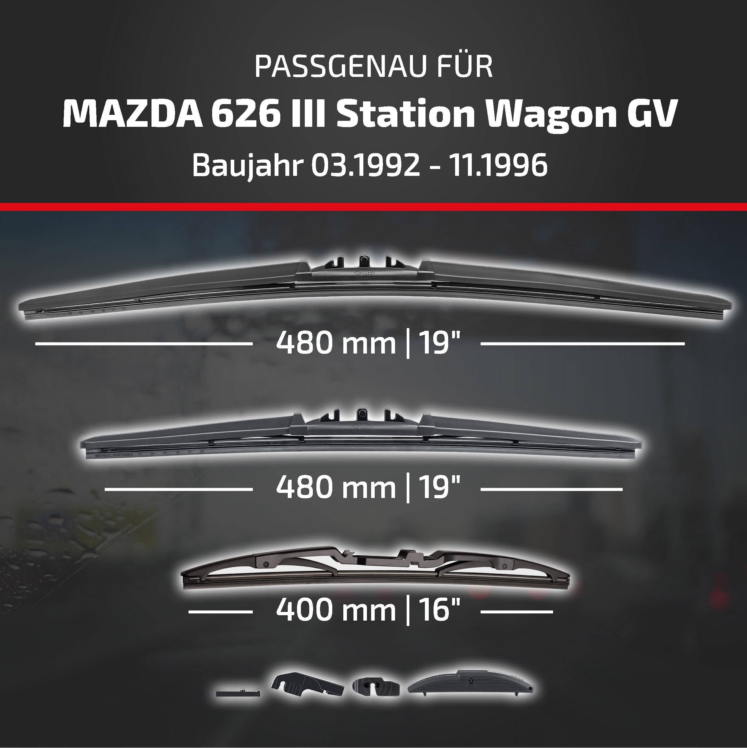 Kompatibilitätsgrafik für Mazda 626 III Kombi GV, Modelljahre 03/1992–11/1996, zeigt Wischblattkrößen 480 mm und 400 mm.