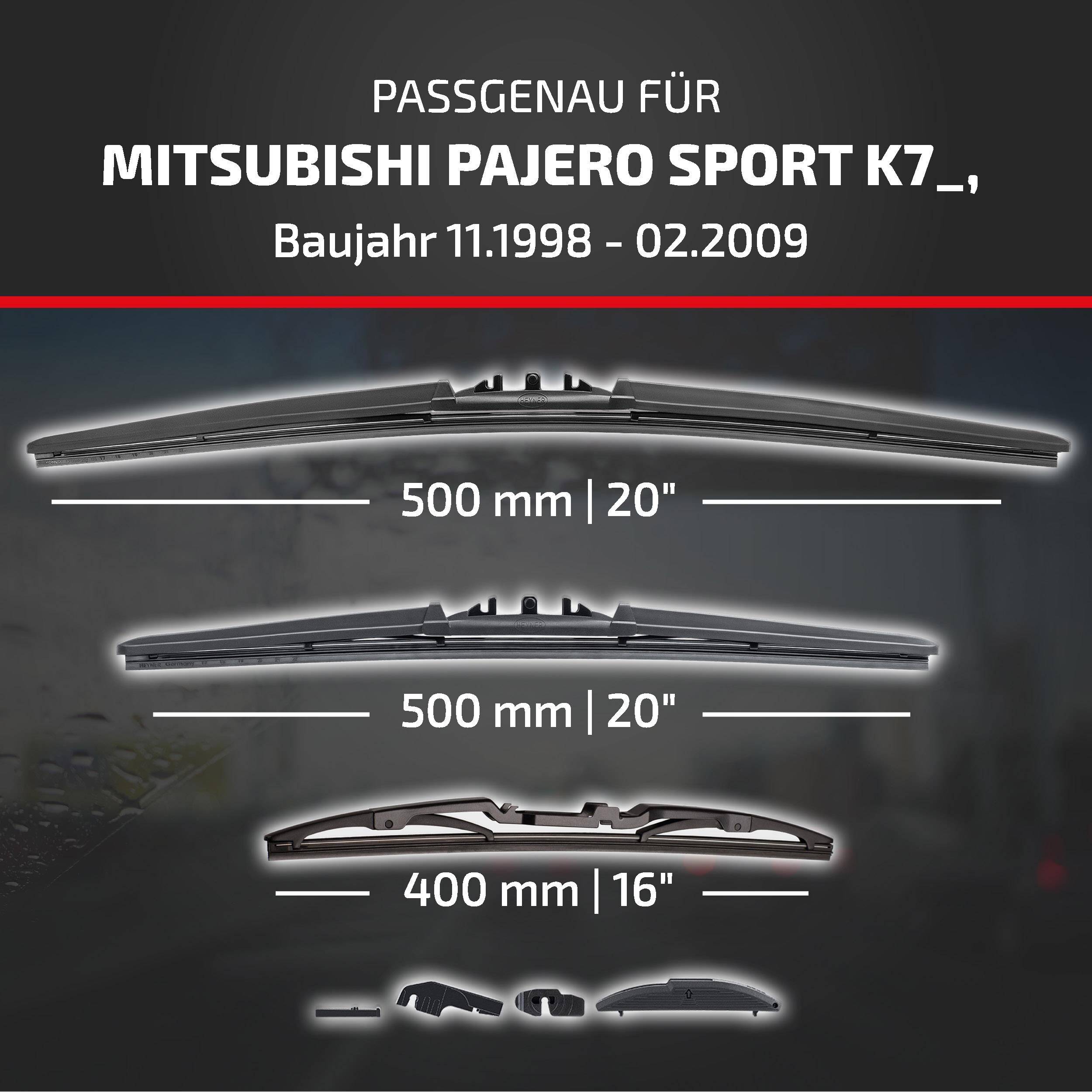 HEYNER® Scheibenwischer Komplettset für MITSUBISHI PAJERO SPORT 11.1998 - 02.2009, HYBRID Flachbalkenwischer,