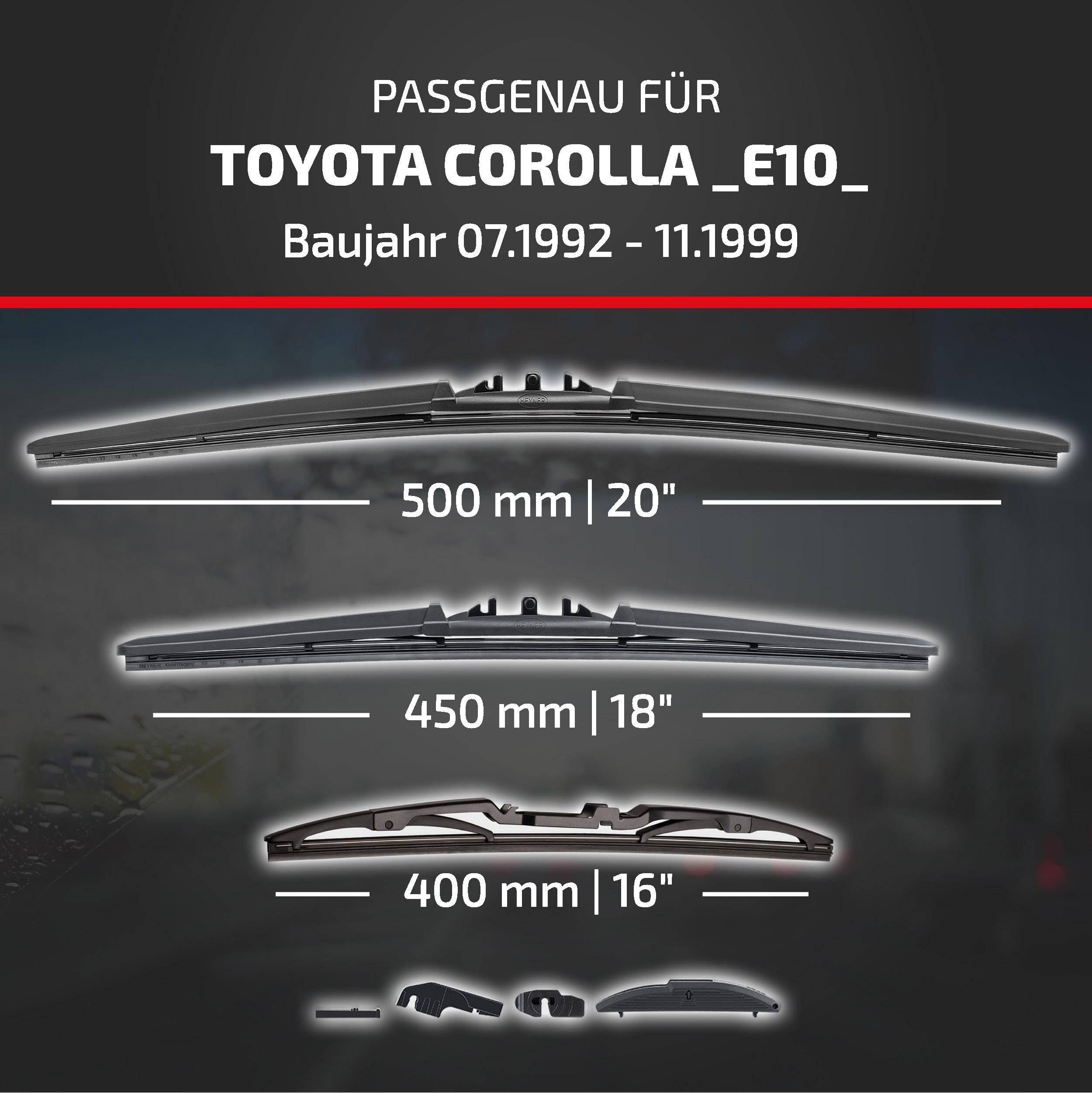 Grafik zeigt Scheibenwischergröße für Toyota Corolla E10 (07.1992–11.1999): 500 mm/20