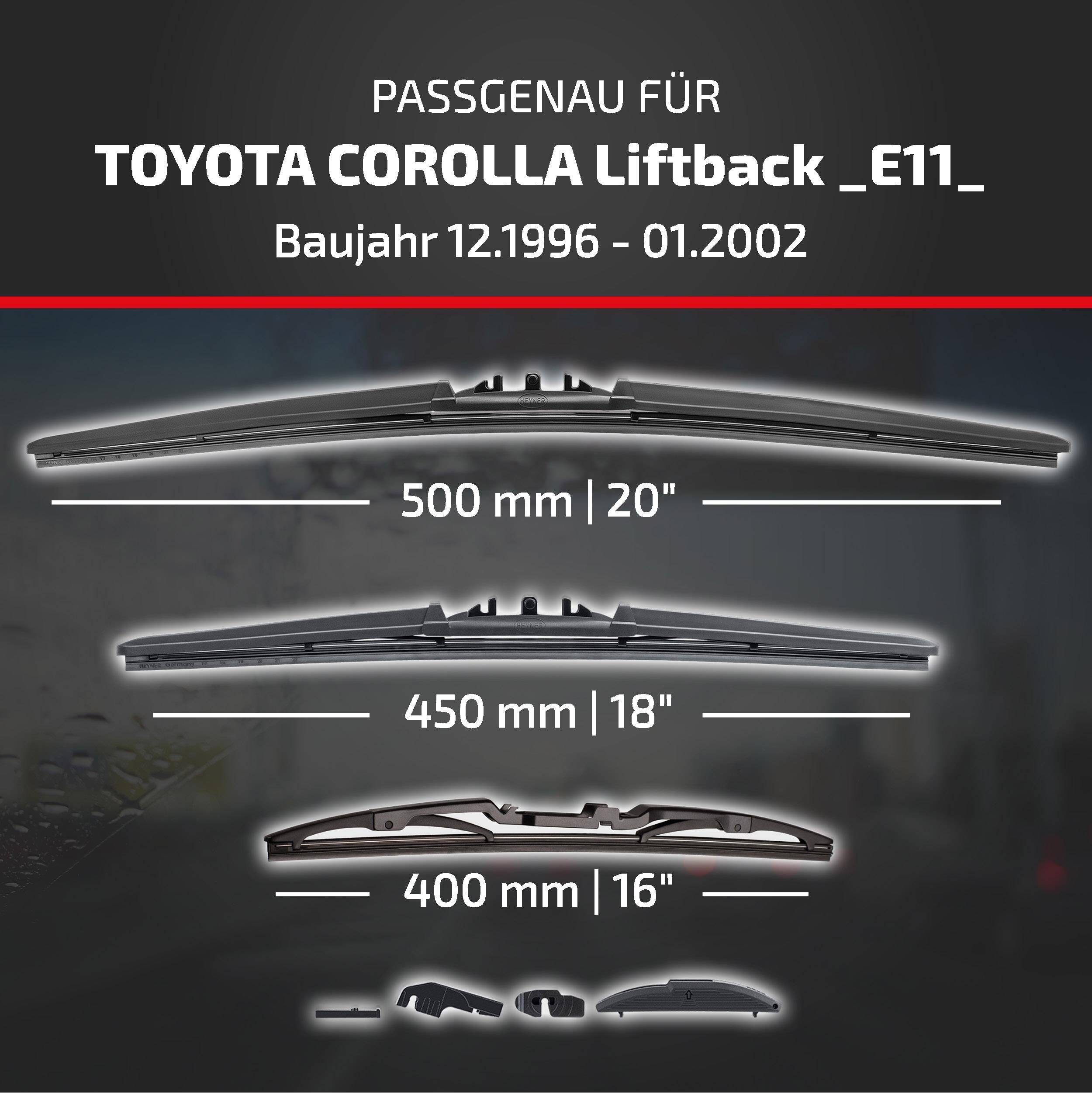 HEYNER® Scheibenwischer mit Heckwischer für TOYOTA COROLLA Liftback (12.1996 - 01.2002) HYBRID Flachbalkenwischer