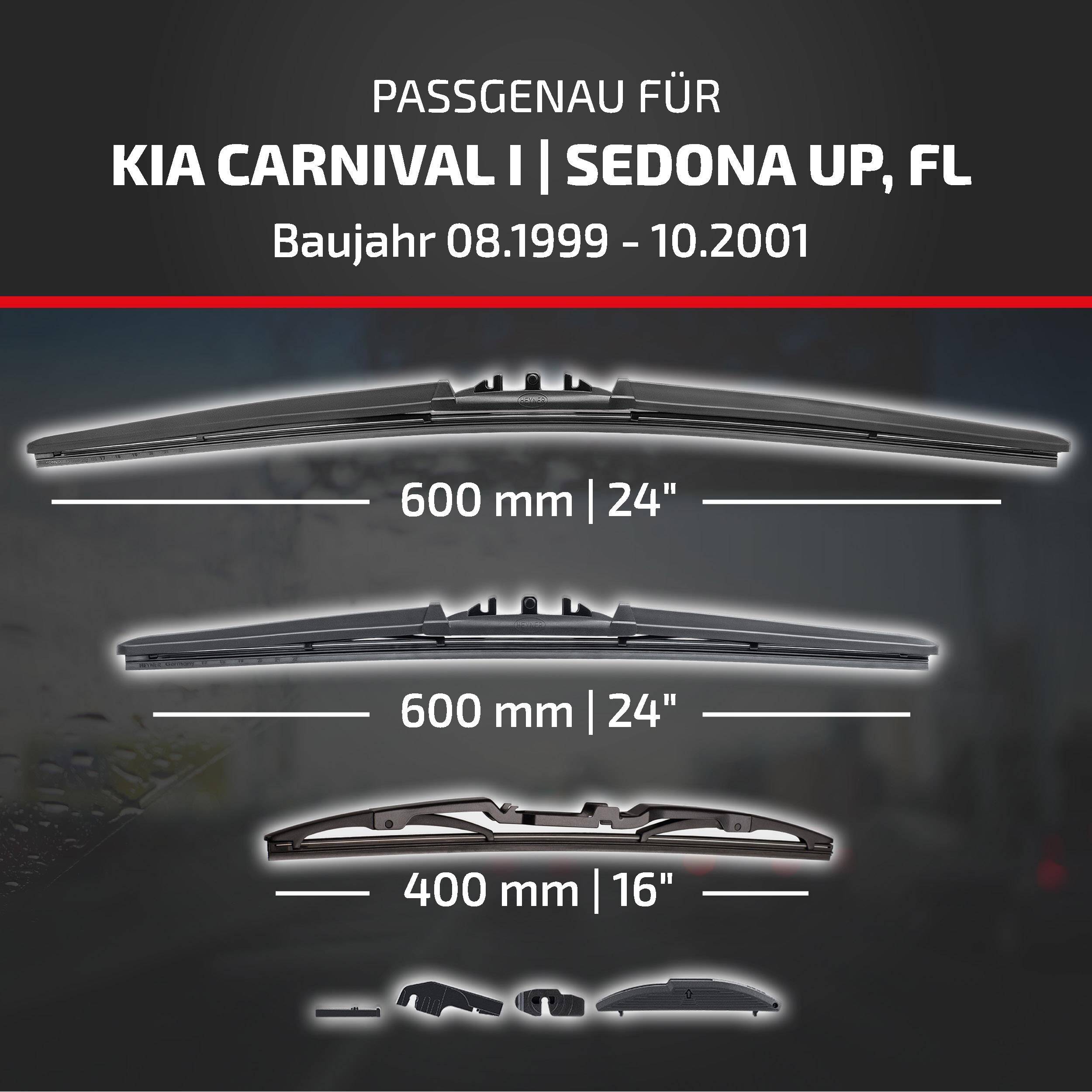 Kompatibilitätstabelle für Kia Carnival I und Sedona UP, FL, Modelljahre 08.1999-10.2001, mit Wischerblattgrößen 600 mm/24 und 400 mm/16.