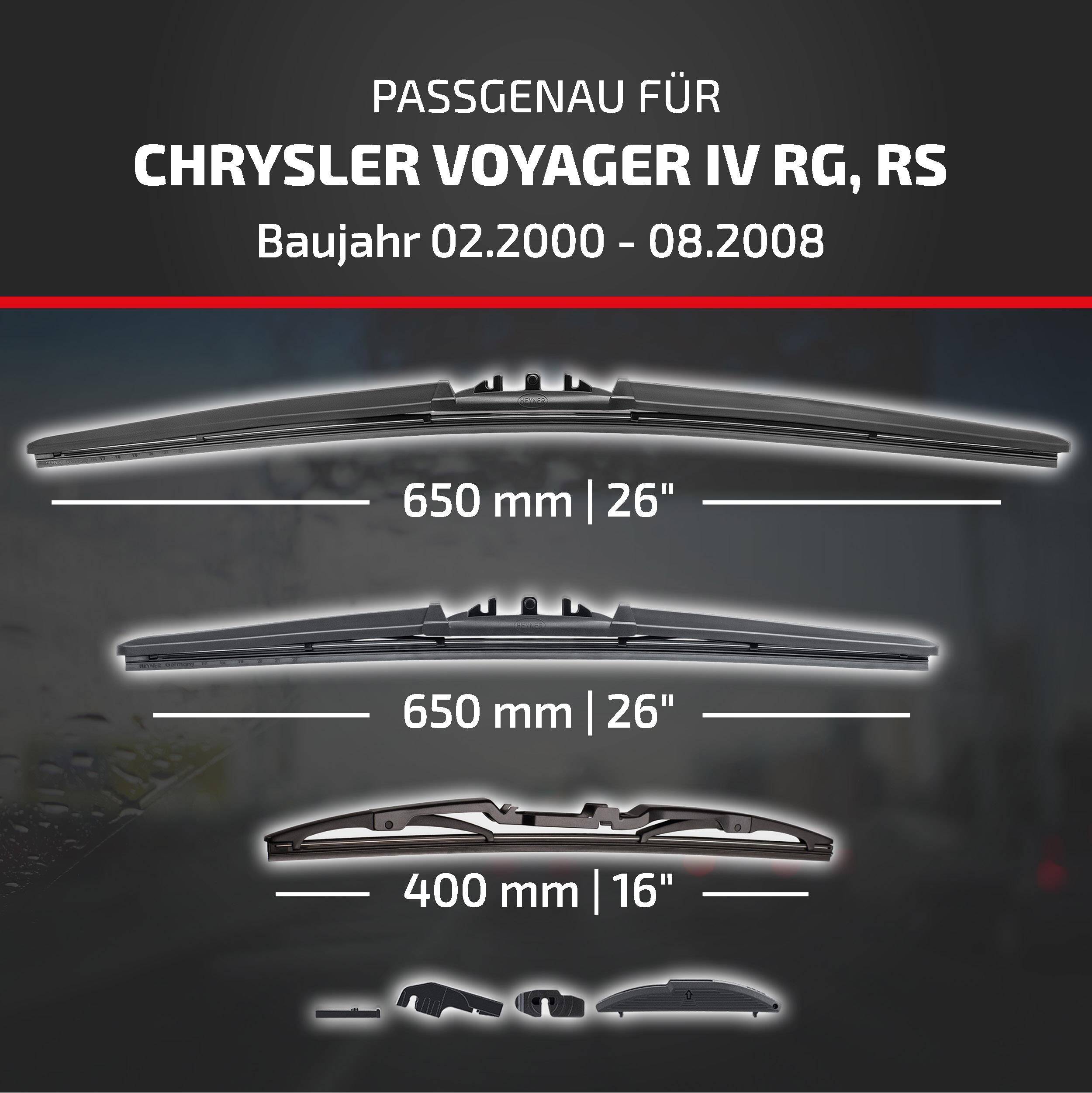 Grafik zeigt die Scheibenwischer-Montage für Chrysler Voyager IV RG, RS, Modelljahre 02.2000-08.2008, mit Größen 650 mm, 650 mm und 400 mm.