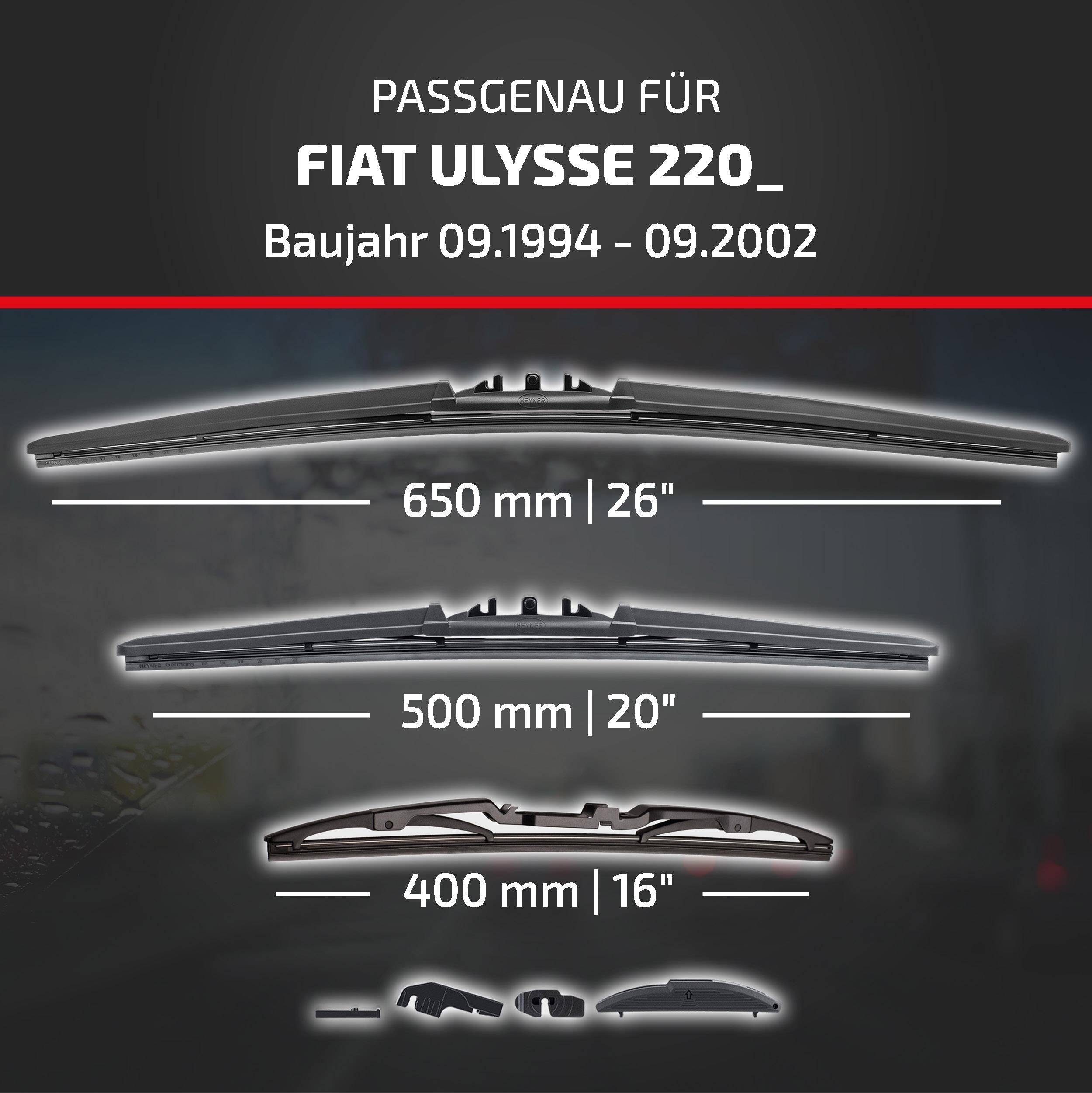 Diagramm mit Scheibenwischern, die mit dem Fiat Ulysse 220 kompatibel sind, Modelljahre 09/1994-09/2002, in den Längen 650 mm, 500 mm und 400 mm.