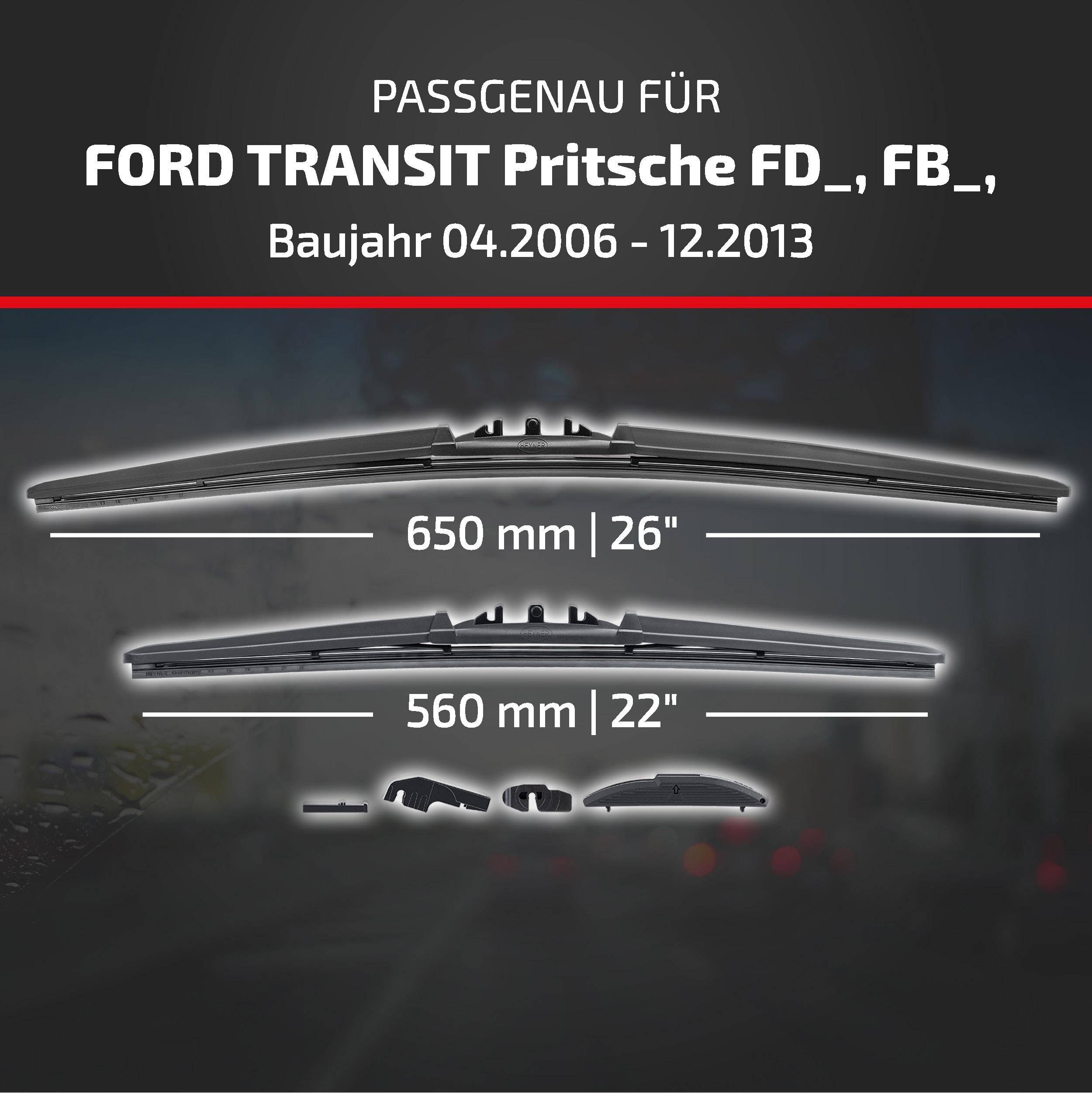 Anzeige für Wischerblätter für Ford Transit Flachbett FD, FB, Baujahre 04/2006-12/2013, mit Größen 650 mm (26