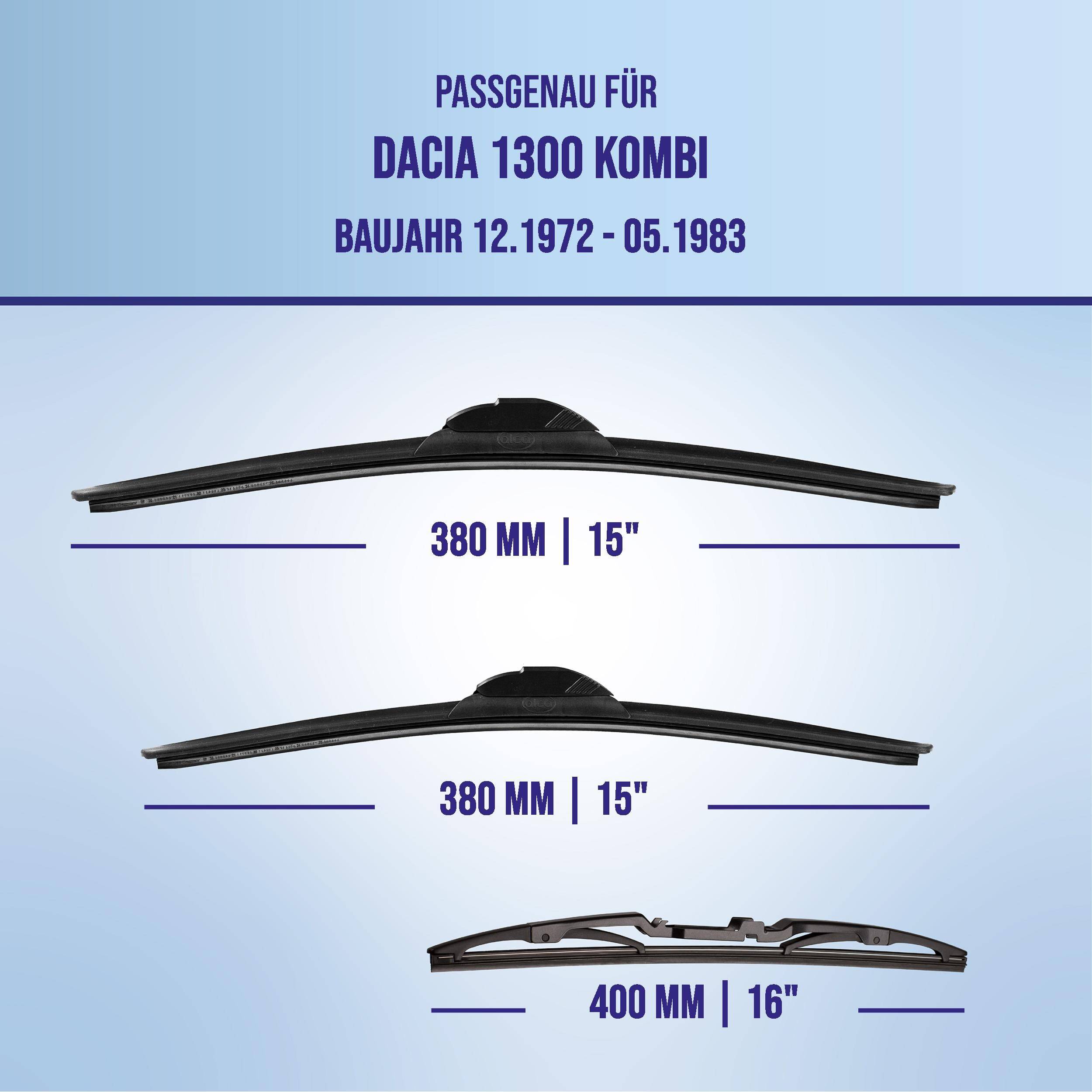 Kompatibilitätsgrafik für Dacia 1300 Kombi (1972-1983) mit zwei 380-mm-15-Zoll-Wischerblättern und einer 400-mm-16-Zoll-Blatt-Option.