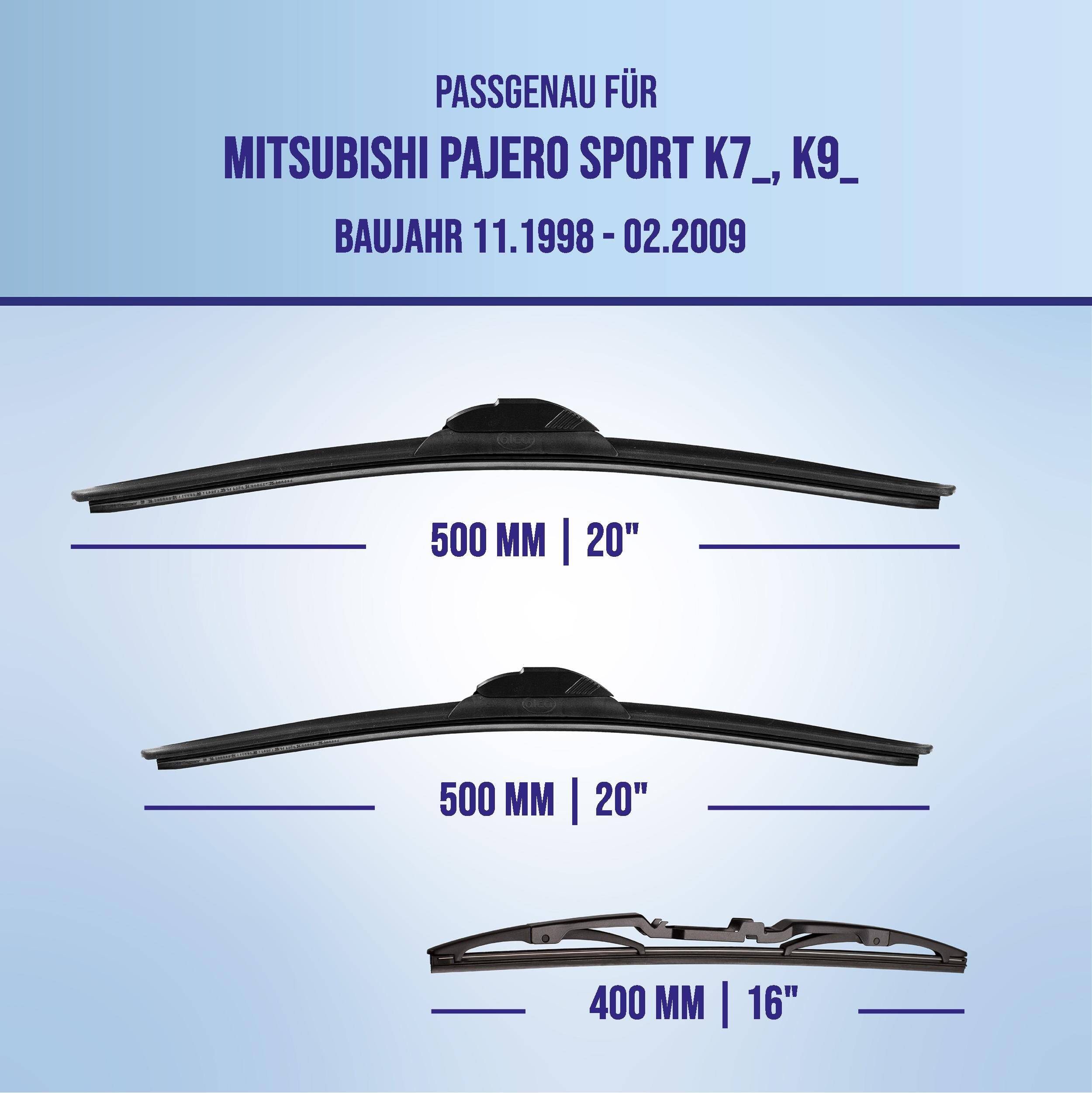 Kompatibilitätsgrafik für Mitsubishi Pajero Sport K7/K9, Modelljahre 11/1998-02/2009, mit Scheibenwischergröße: 500 mm/20