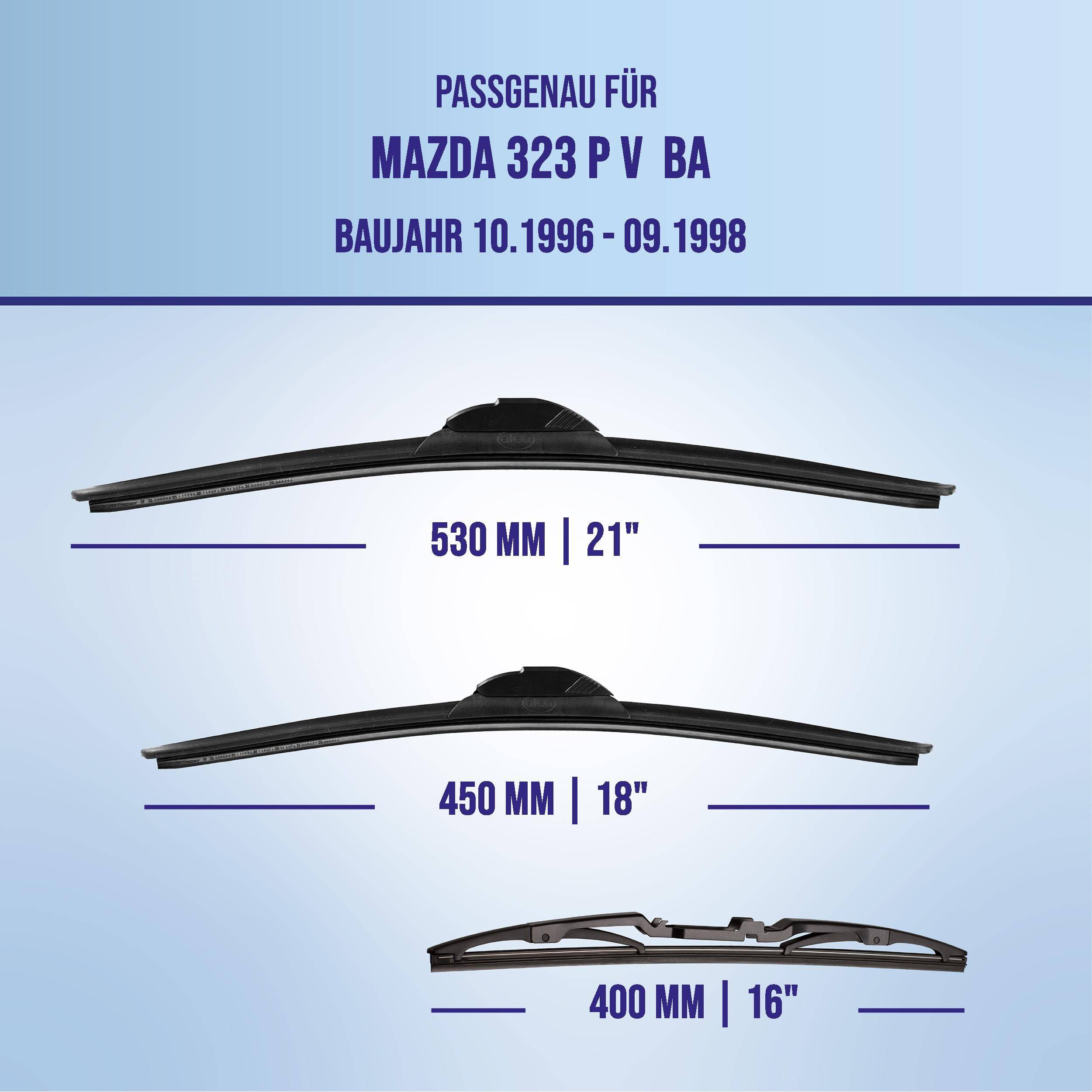 Kompatibilitätstabelle für Mazda 323 P V BA Wischerblätter, Modelljahre 10.1996-09.1998, mit den Größen 530 mm, 450 mm und 400 mm.