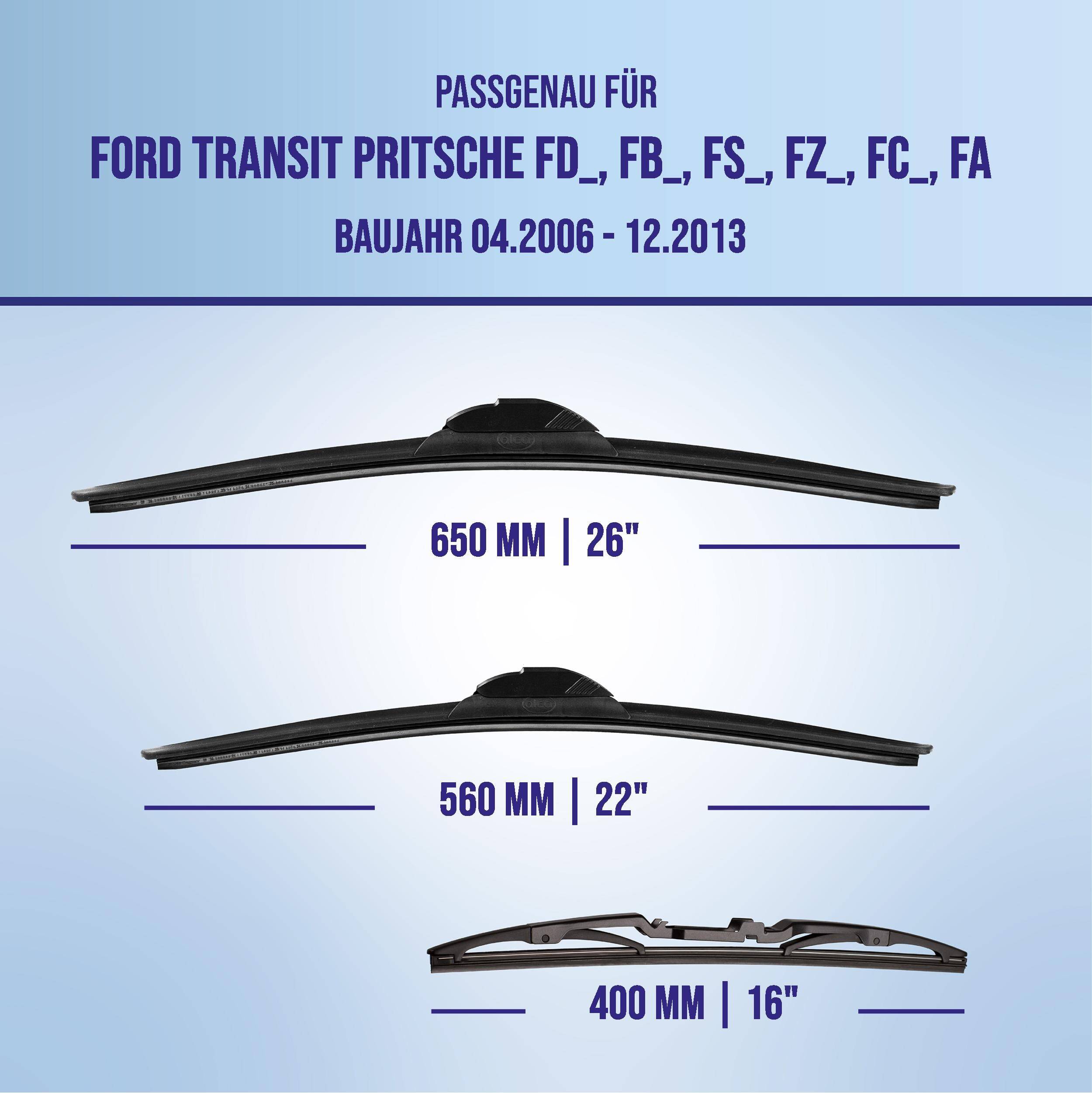 Kompatibilitätsdiagramm für Ford Transit Pritsche FD, FB, FS, FZ, FC, FA Modelle, Baujahre 04/2006-12/2013, zeigt Wischergröße 650 mm, 560 mm und 400 mm.