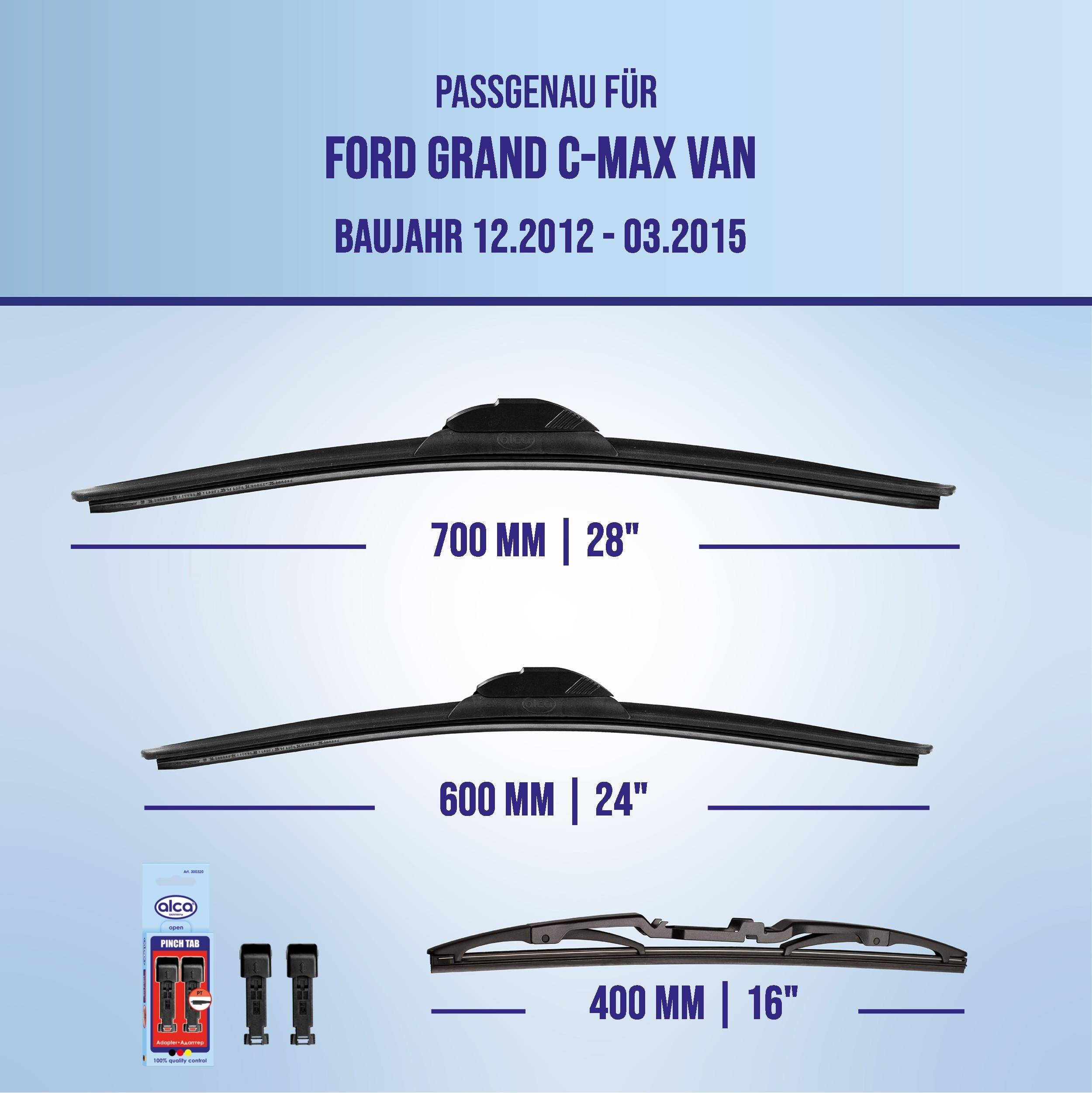 Kompatibilitätstabelle für Ford Grand C-MAX Van (Baujahre 12.2012–03.2015) mit Wischerblatgrößen: 700 mm/28