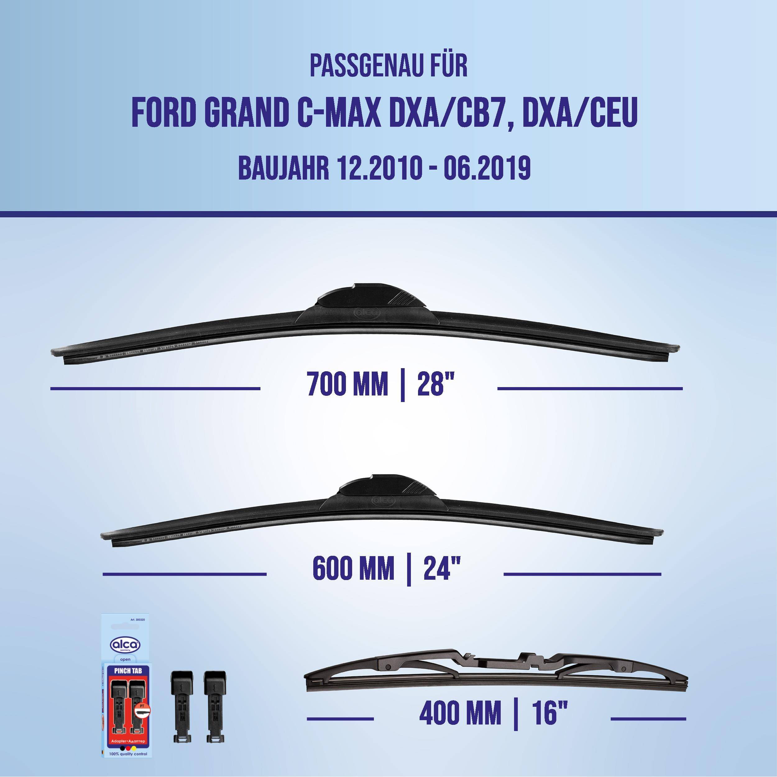 Kompatibilitätstabelle für Ford Grand C-Max DXA/CB7, DXA/CEU, Modelljahre 12.2010-06.2019, mit Wischergrößen 700 mm, 600 mm und 400 mm.