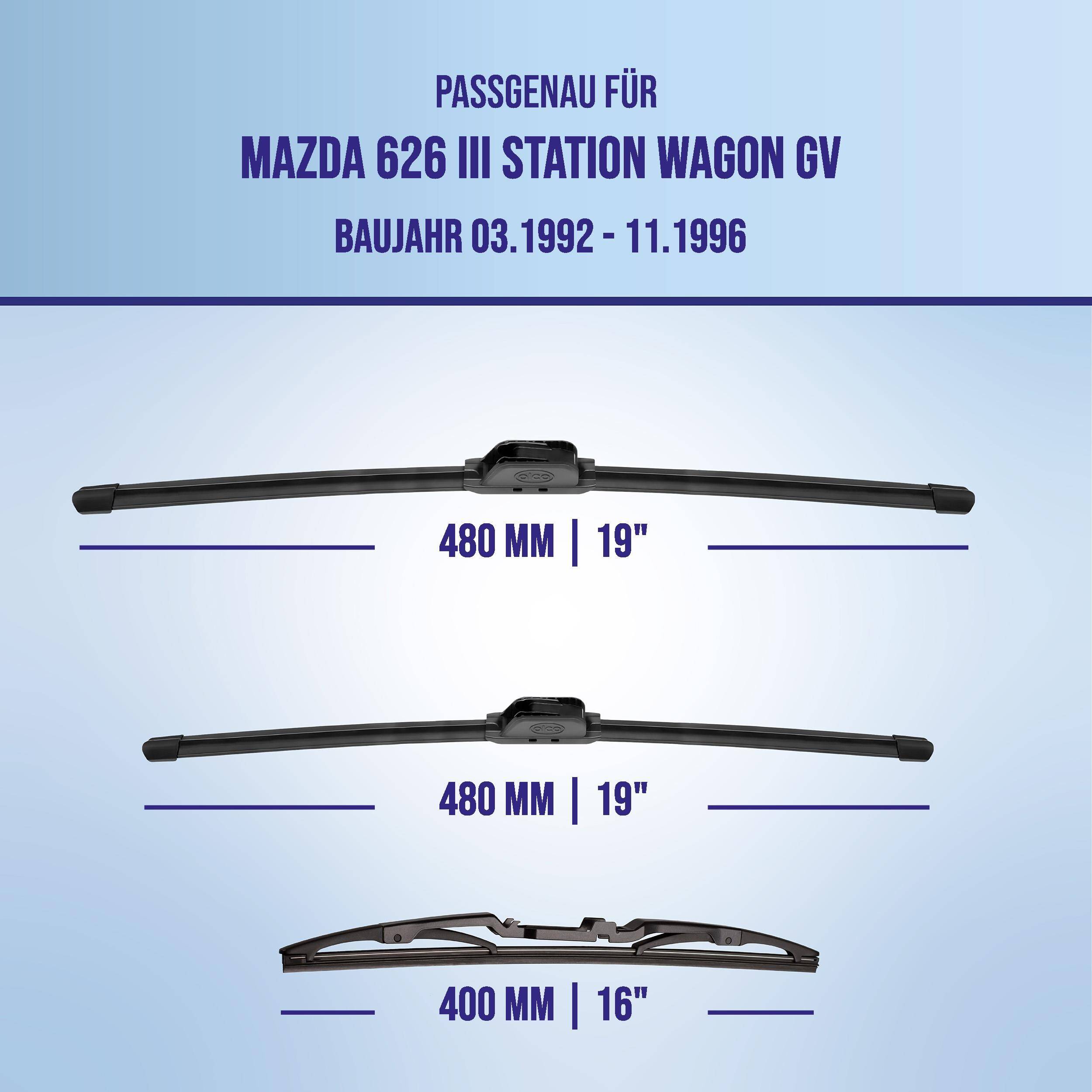 Diagramm mit den kompatiblen Scheibenwischergößen für Mazda 626 III Kombi GV (03/1992-11/1996): vorne 480 mm/19